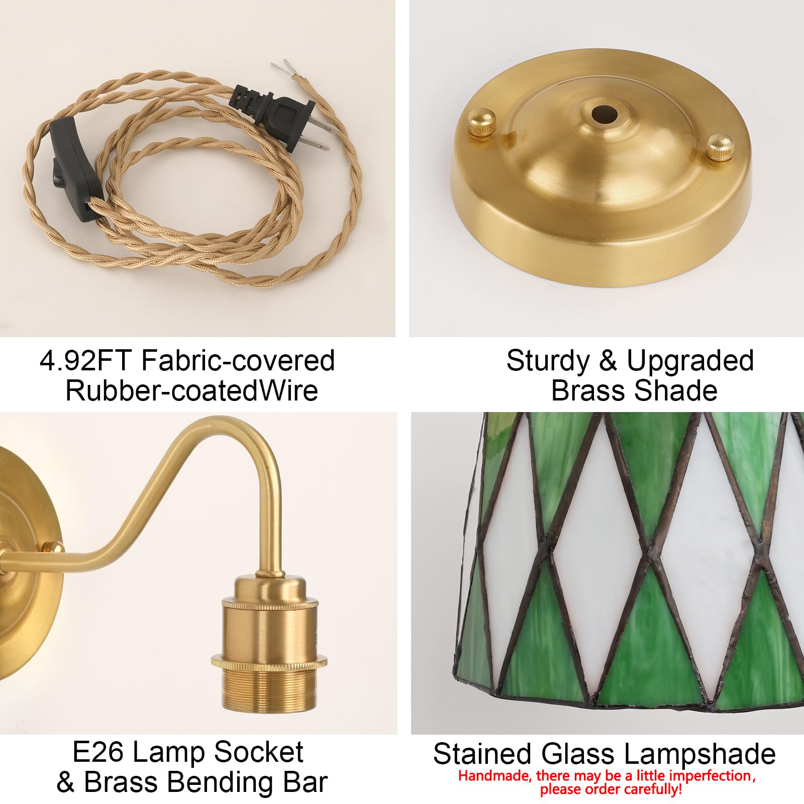 Wall Sconce, Wall Mounted Lamps with Green Checker Sconce, Stained Glass Shade Brass Wall Lights Fixture with Plug in Cord and Switch for Bedroom Bathroom Living Room Hallway