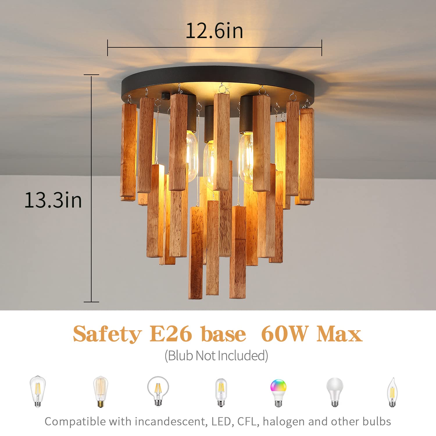 3-Light Semi Flush Mount Ceiling Lights Boho Wood Light Fixture Farmhouse Chandelier Oak and Black Ceiling Lighting with E26 for Kitchen Living Room Entryway Bedroom Dining Room…