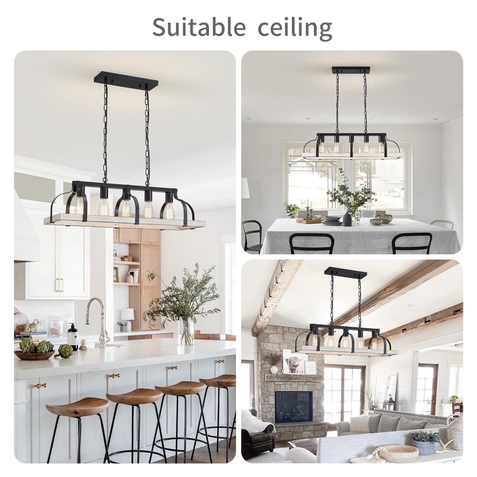 WUZUPS 5-Light Metal Chandelier Imitation Wood Grain Linear Pendant Ceiling Lighting Rustic Farmhouse Fixture Kitchen Island Dining Room, H 8.5" L 31.5" W10, E26 Base, Black & Antique White