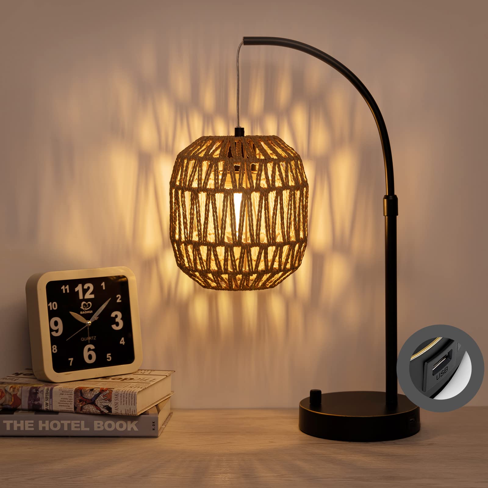 Tall Industrial Table Lamp for Bedroom with USB Port, Charging Farmhouse Coastal Lamps Black with Rattan Lamp Shade Edison Bedside Nightstand Lamp Boho Side Table Desk Lamps for Home Office