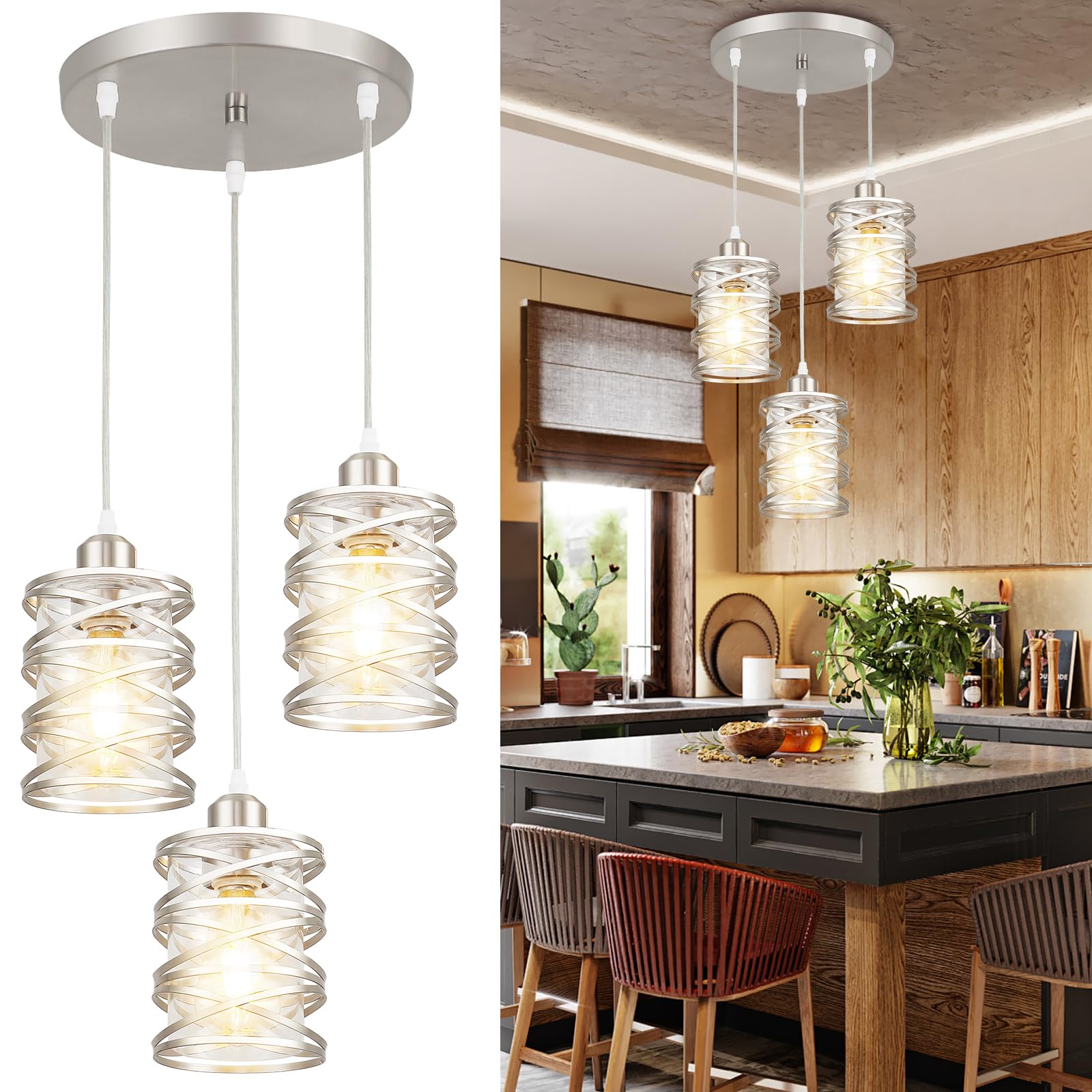 Brushed Nickel Pendant Lights for Kitchen Island, 5-Light Chandelier for Dining Room, Hanging Linear Chandeliers, Modern Dining Room Light Fixtures Pendant Light with Clear Glass Shades