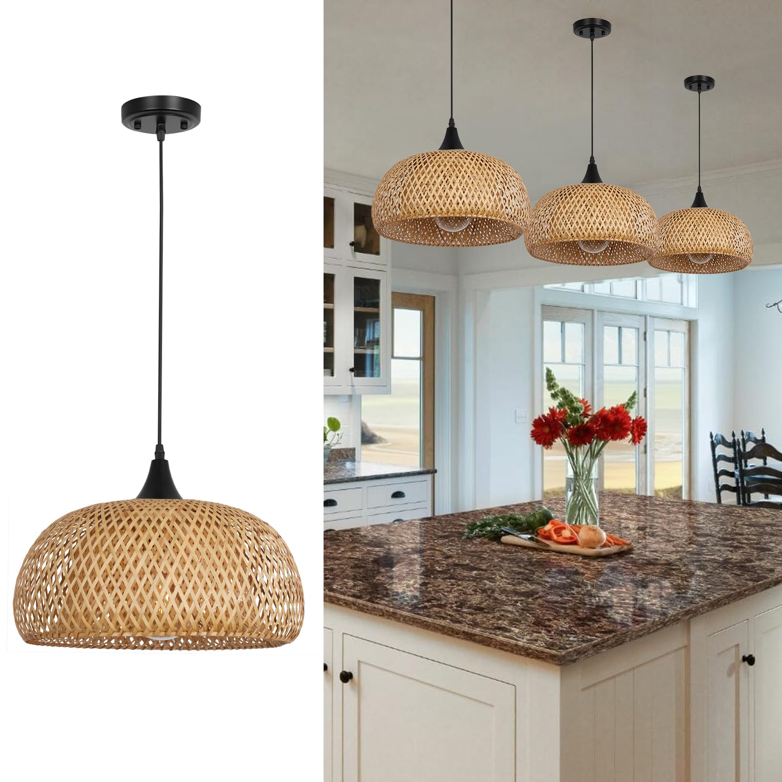 Rustic Farmhouse Bamboo Pendant Light - 18 Inch Large Dome Handwoven Ceiling Mounted Bamboo Chandelier Shades, Coastal Beach Hanging Rattan Light Fixture for Kitchen, Dining, Living Room