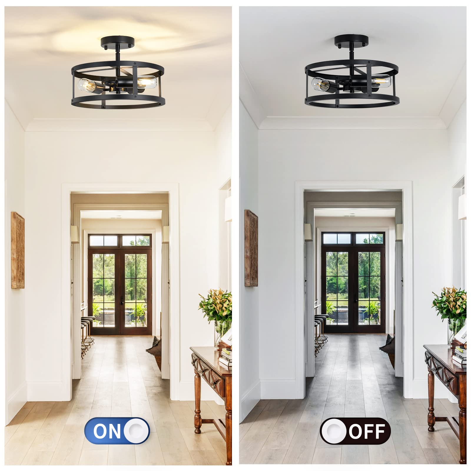 3-Light Semi Flush Mount Ceiling Light,Farmhouse Flush Mount Light Fixture,Industrial Ceiling Light Black Metal Cage Ceiling Lighting for Kitchen Foyer Hallway Entryway 2 Pack