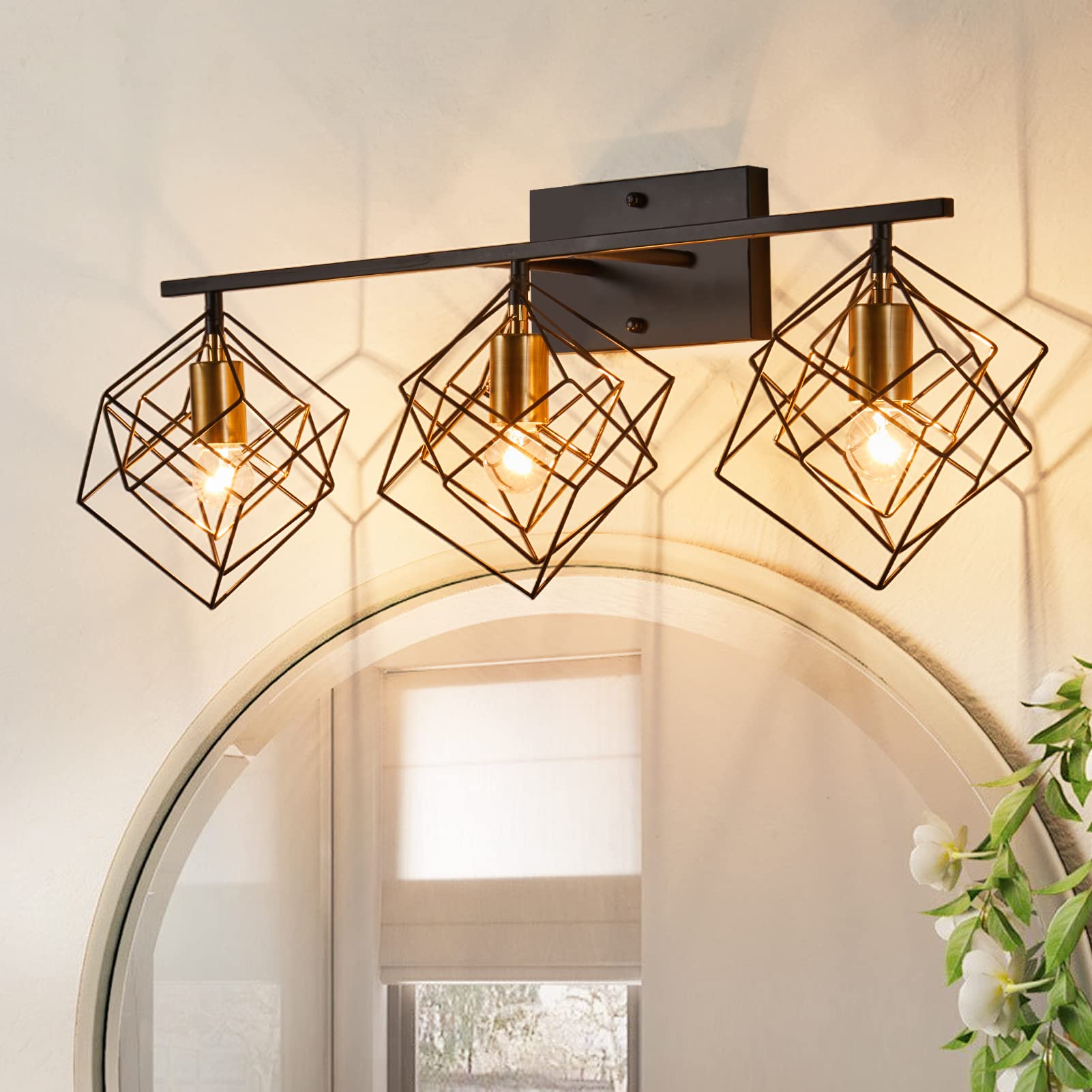 3 Lights Bathroom Vanity Light with 3 Bulbs, Industrial Bathroom Light Fixtures Over Mirror | Matte Black & Gold Metall with Unique Rotatable 3 Cube Shades, Modern Wall Mounted Rustic Vanity