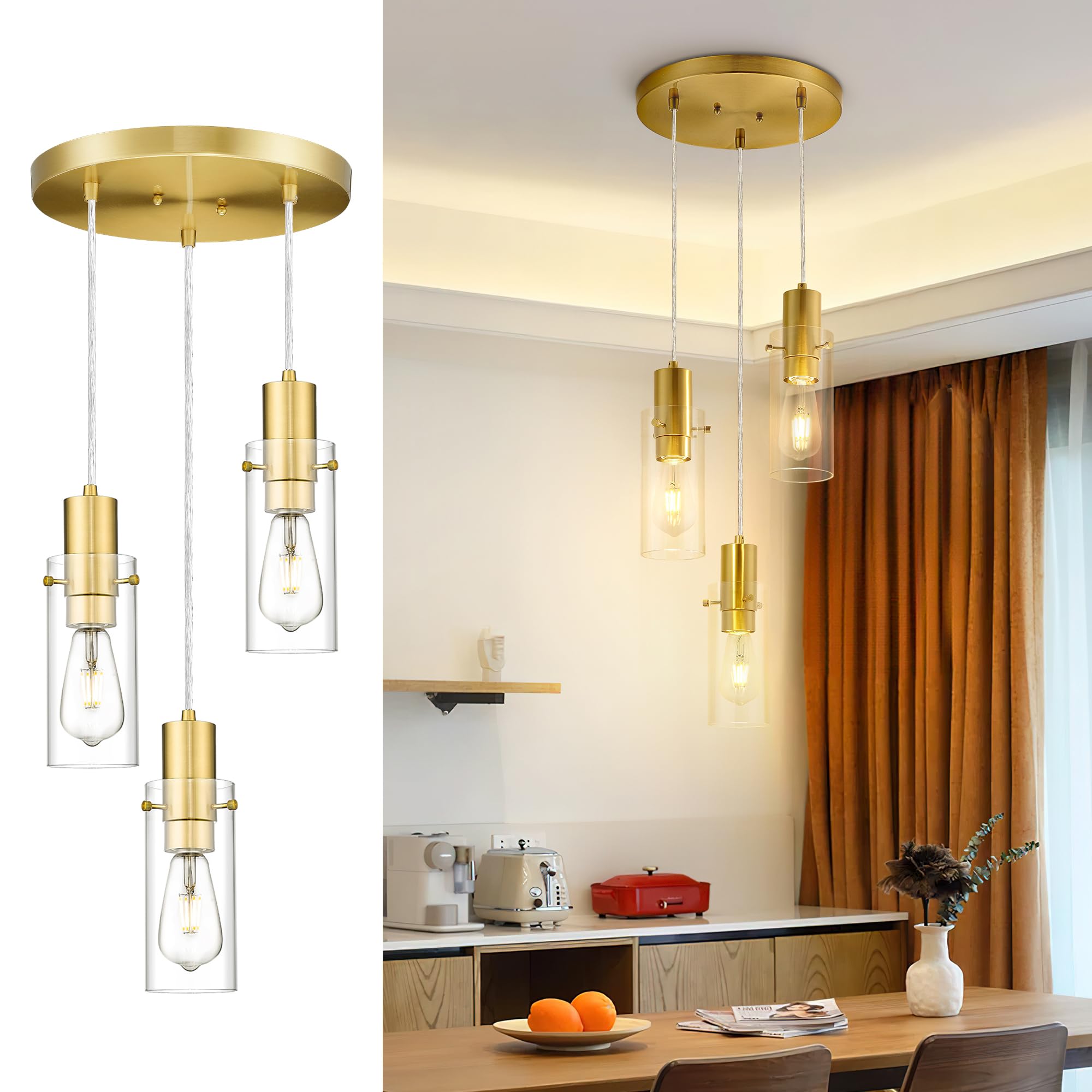 Emak Gold Pendant Light Fixtures, 3-Light Pendant Lights with Clear Glass Shade, Modern Farmhouse Hanging Lights for Kitchen Island, Dining Room, Bathroom, Bedroom, PL120-GD-CL