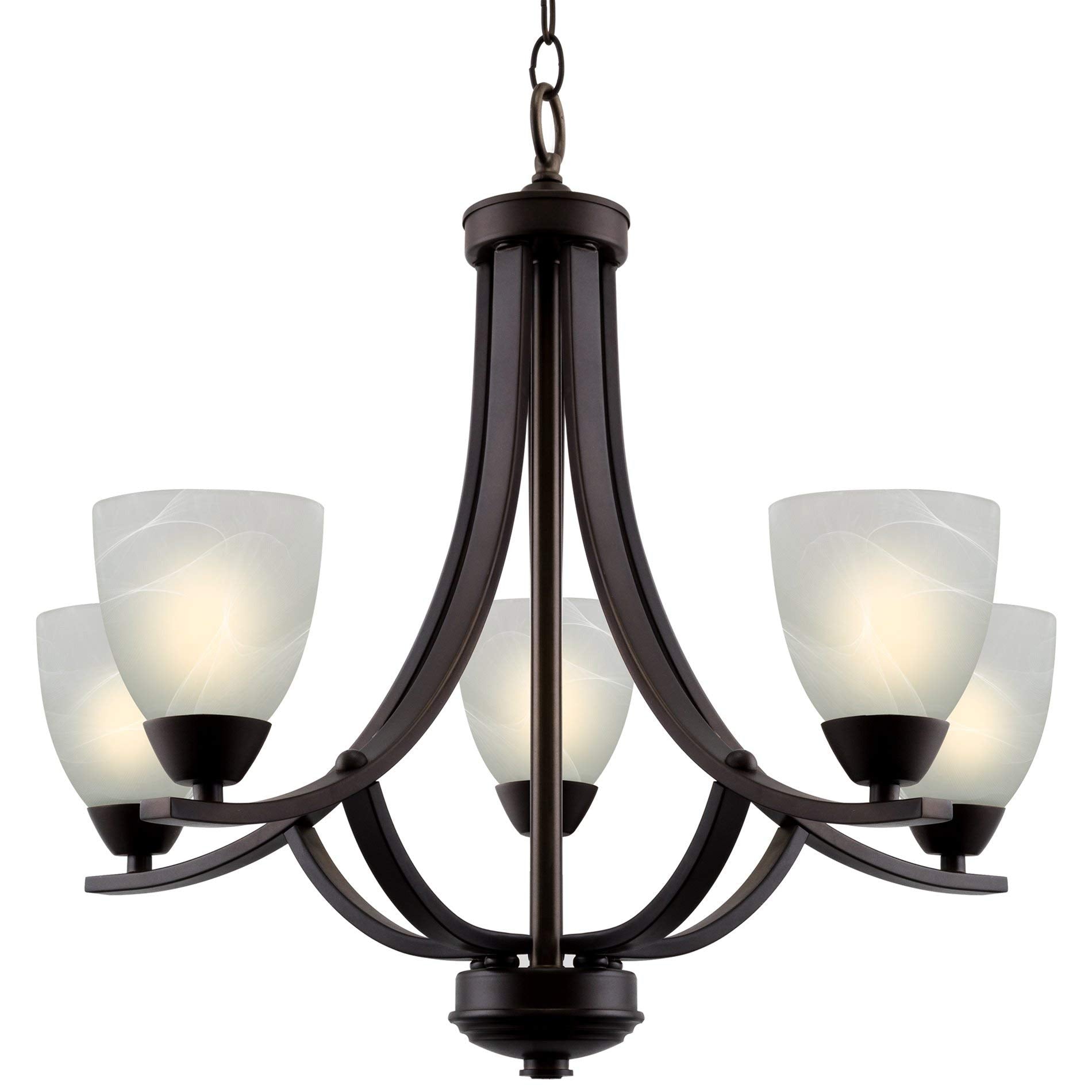 24" Contemporary 5-Light Large Chandelier + Alabaster Glass Shades, Adjustable Chain, Brushed Nickel Finish