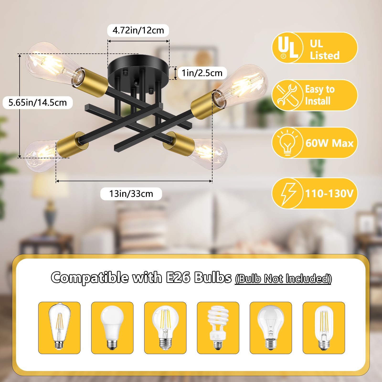 6-Lights Semi Flush Mount Ceiling Light, Mid-Century Modern Black and Gold Sputnik Ceiling Lighting, Industrial Kitchen Light Fixtures Ceiling Mount for Dining Room Hallway Living Room