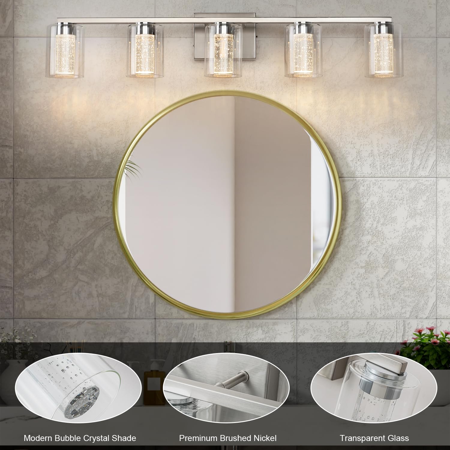 2-Light Brushed Nickel Vanity Light with 3 Color Modes (3000K/4000K/6000K), Eye Protection LED Bathroom Light Fixture, Dimmable Modern Wall Light Over Mirror with Clear Glass Shade