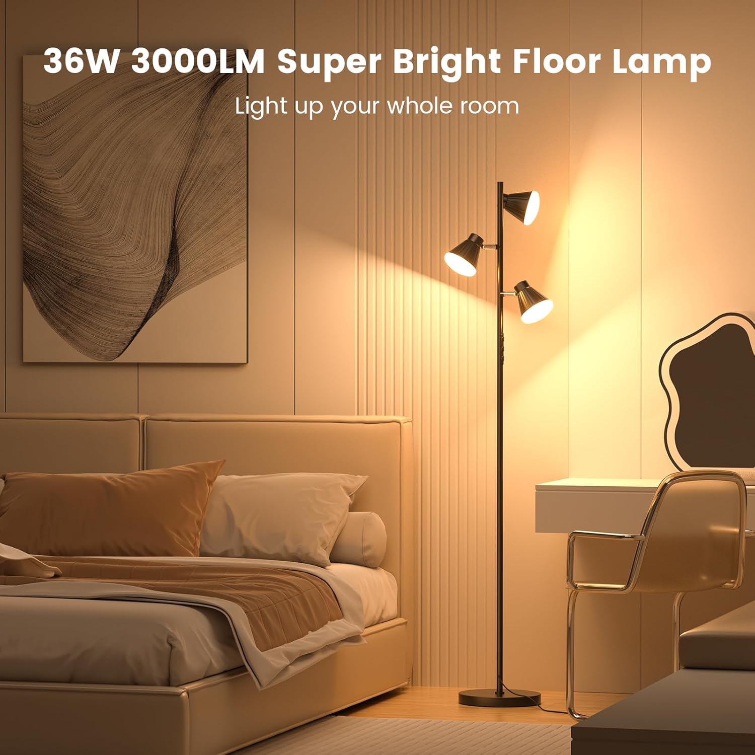 36W LED Tree Floor Lamp, Dimmable Tall Standing Lamp with Remote & Touch Control, 4 Color Temperatures Bright Floor Lamp, 3 Rotatable Light Modern Floor Lamps for Living Room Bedroom Office