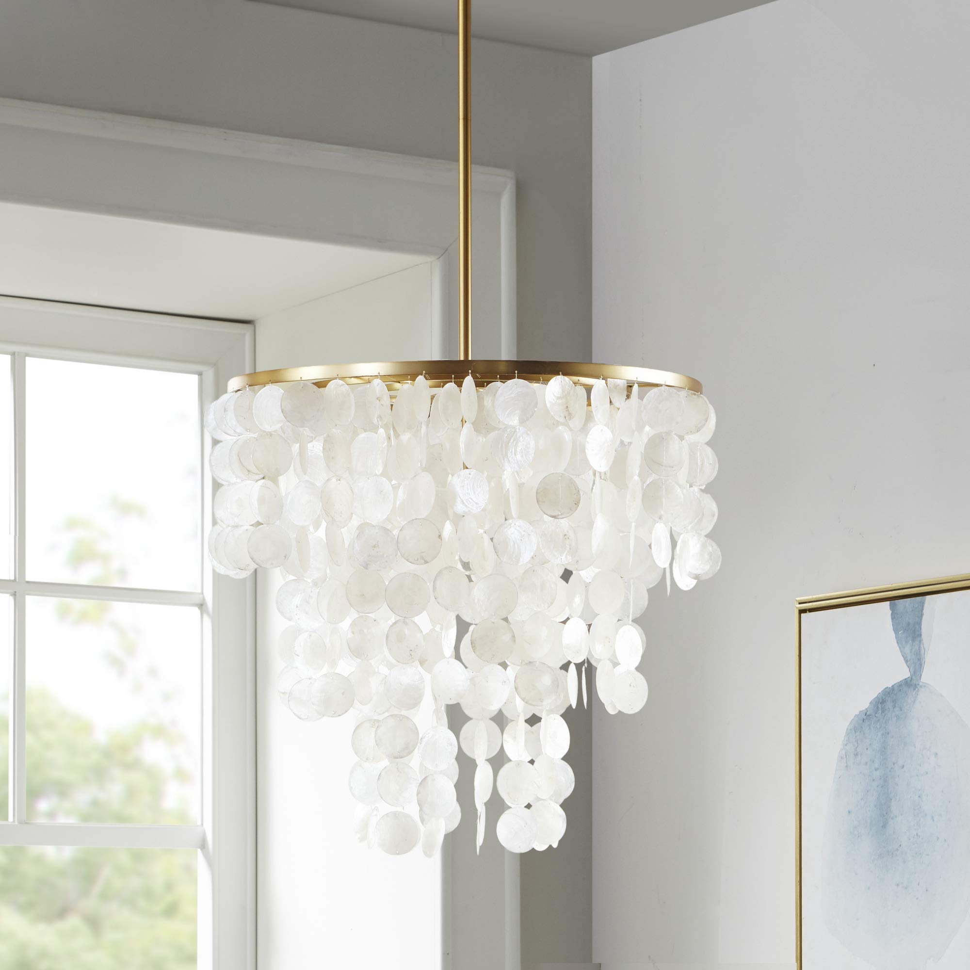 Modern Classic Chandeliers-Metal, White Shell Shade Pendant Ligthing Lamp Ceiling Dining Room Lighting Fixtures Hanging