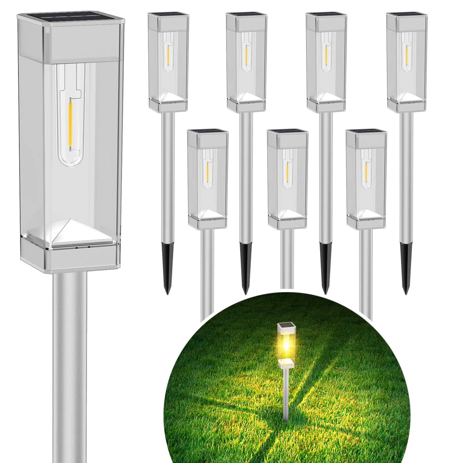 8 Pack Solar Pathway Lights Outdoor, Waterproof Solar Lights Outdoor, LED Outdoor Solar Garden Lights with LED Filament Bulb, Perfect for Yard Lawn Walkway Driveway Backyard Landscape