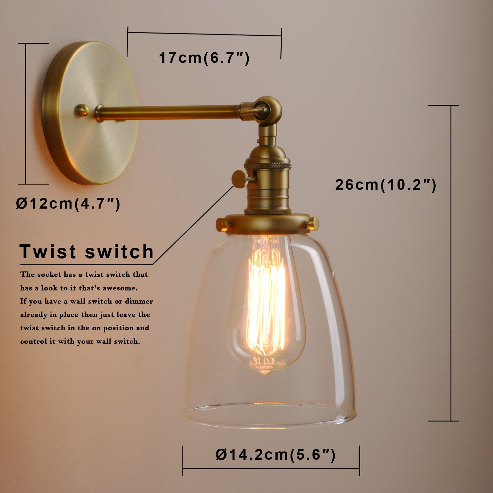 Vintage Wall Sconce Lighting with On Off Switch, Clear Glass Shade Brass Vanity Light, Industrial Wall Fixtures for Living Room Bathroom Bedroom Garage Porch