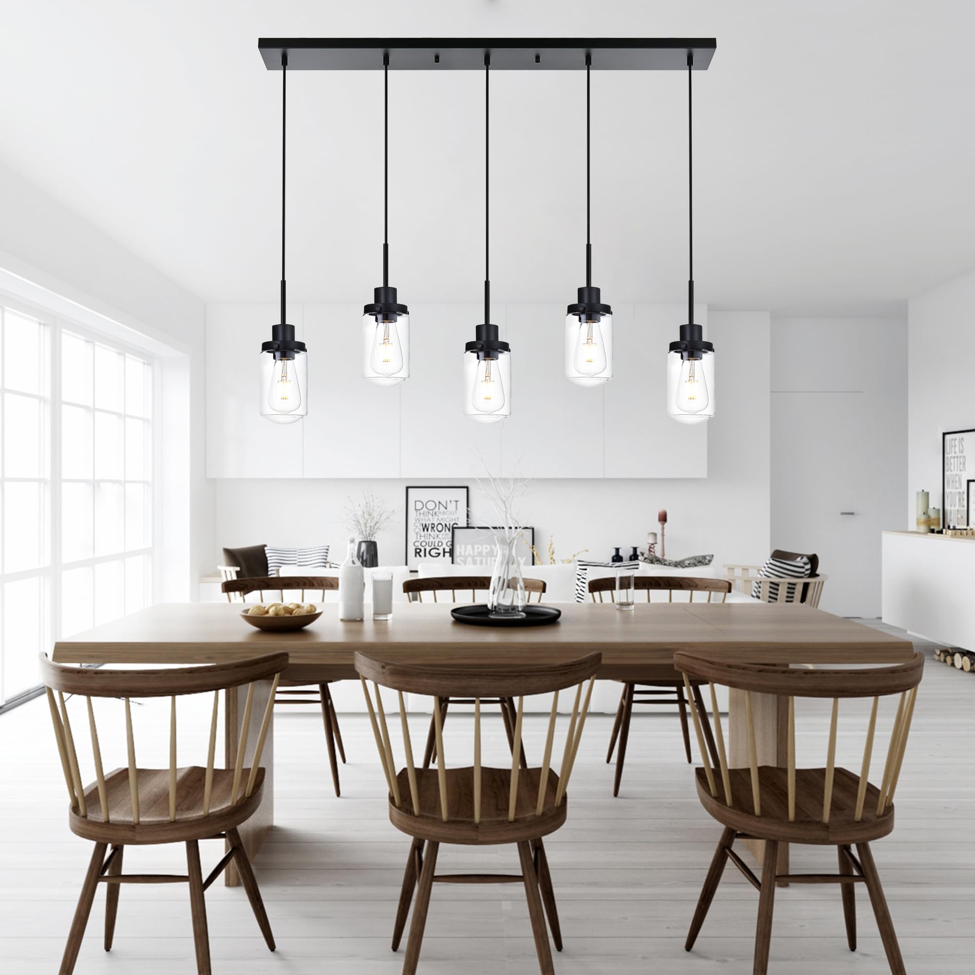 3-Light Linear Hanging Pendant Lighting for Kitchen Island, Black Dining Room Light Fixtures Over Table Linear Chandelier with Clear Glass Shade, Adjustable Height