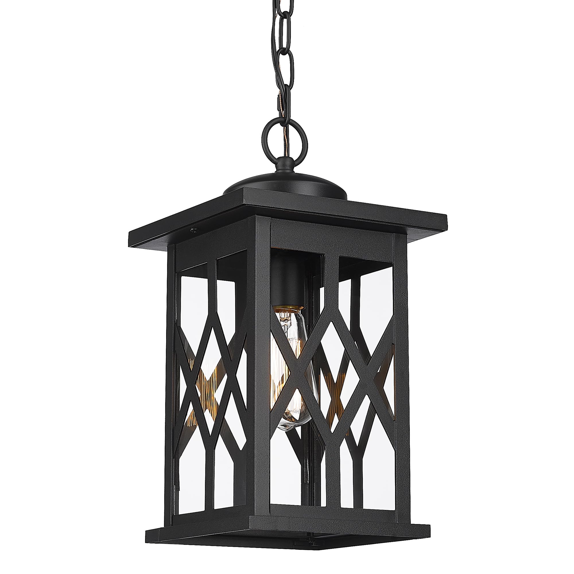 Outdoor Pendant Lights, Farmhouse Exterior Hanging Light Fixture, Outdoor Hanging Light Fixture with Adjustable Chain, Anti-Rust Black Frame with Clear Glass, 4FD66H BK