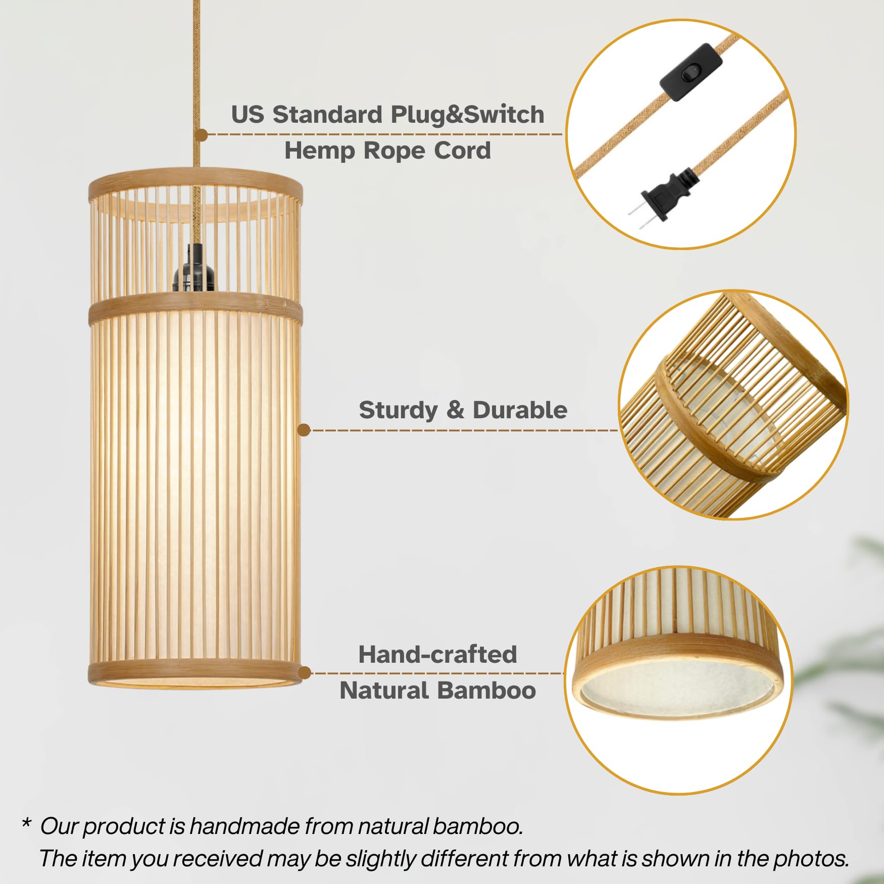 Bamboo Pendant Light - Mini Pendant Lights Bedroom - Natural Elegant Woven Pendant Light; Wood Pendant Light for Home Decor