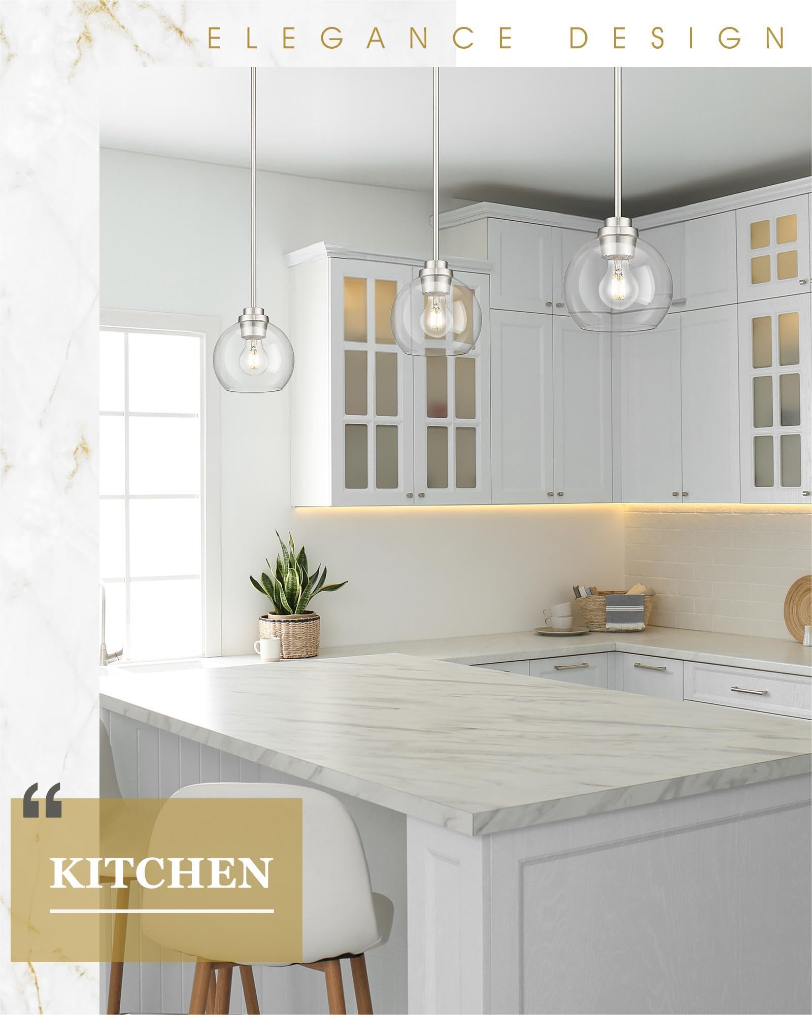 Brass Pendant Lights Kitchen Island 2 Pack, Farmhouse Gold Pendant Light with Clear Glass Globe Shade, Kitchen Island Lighting for Dining Room Entryway, AD-22280-1P2-GD-C