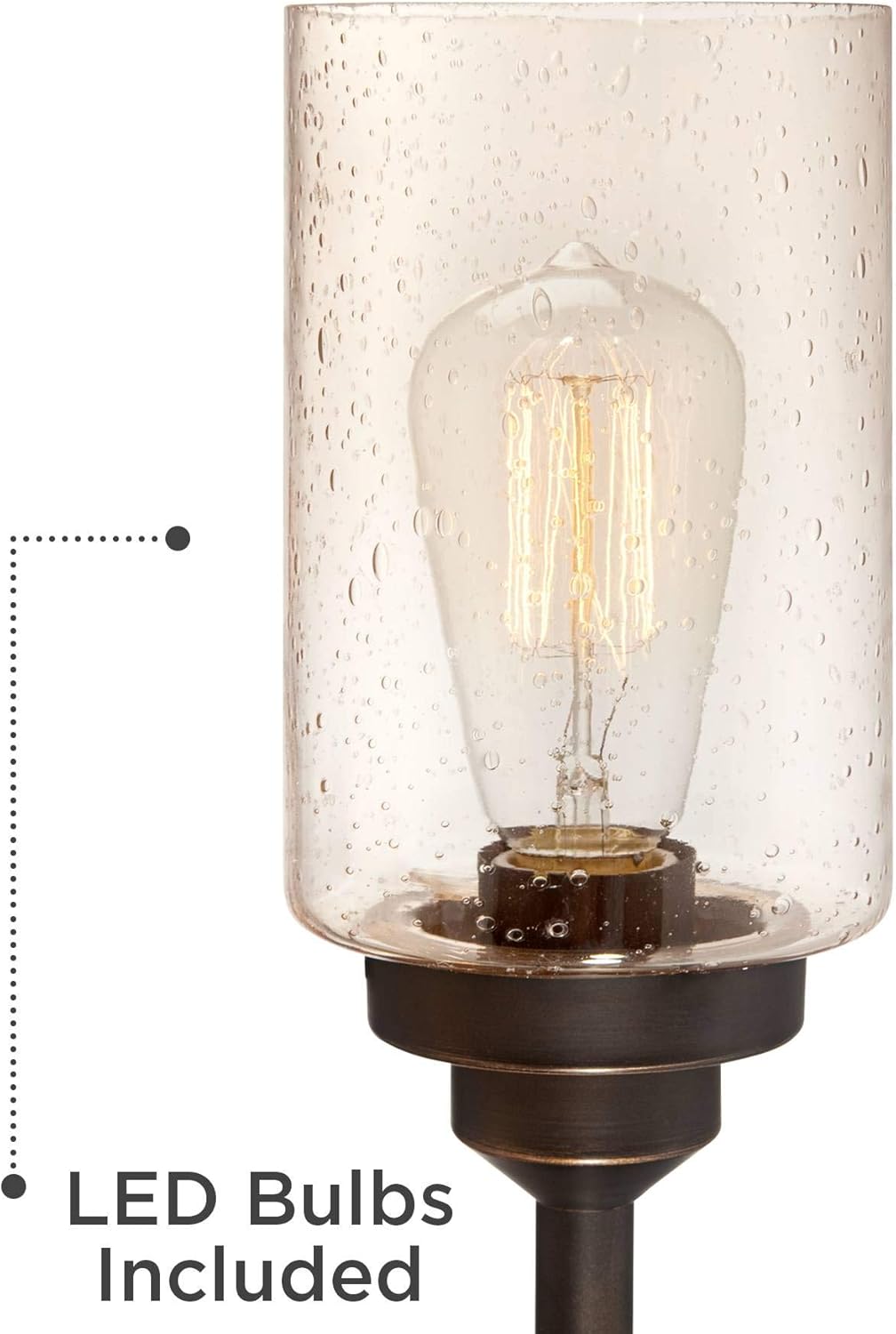 Modern Industrial Rustic Farmhouse Table Lamp 30" Tall Full Size Bronze Metal 3-Light LED Amber Seeded Cylinder Glass for Living Room Bedroom House Bedside Nightstand