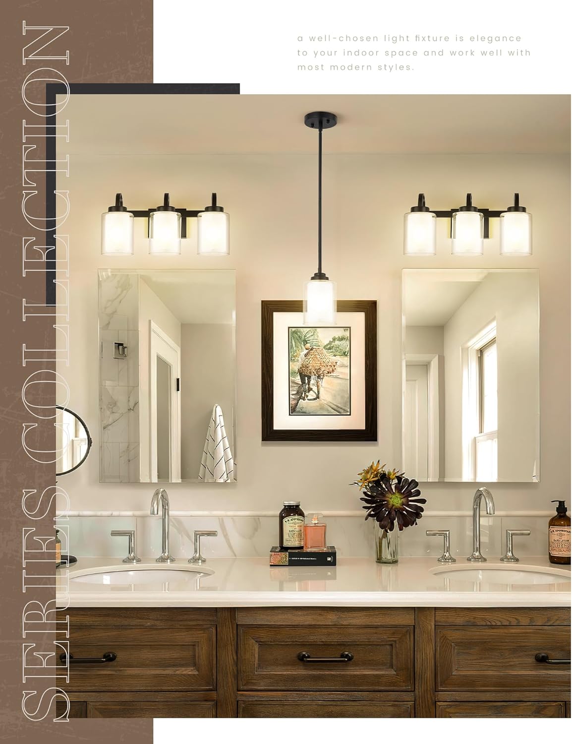 3-Light Bathroom Vanity Light, Brushed Nickel Vanity Light Over Mirror, Farmhouse Wall Sconces with Dual Glass Shade, Modern Wall Lamp for Bathroom Hallway Living Room