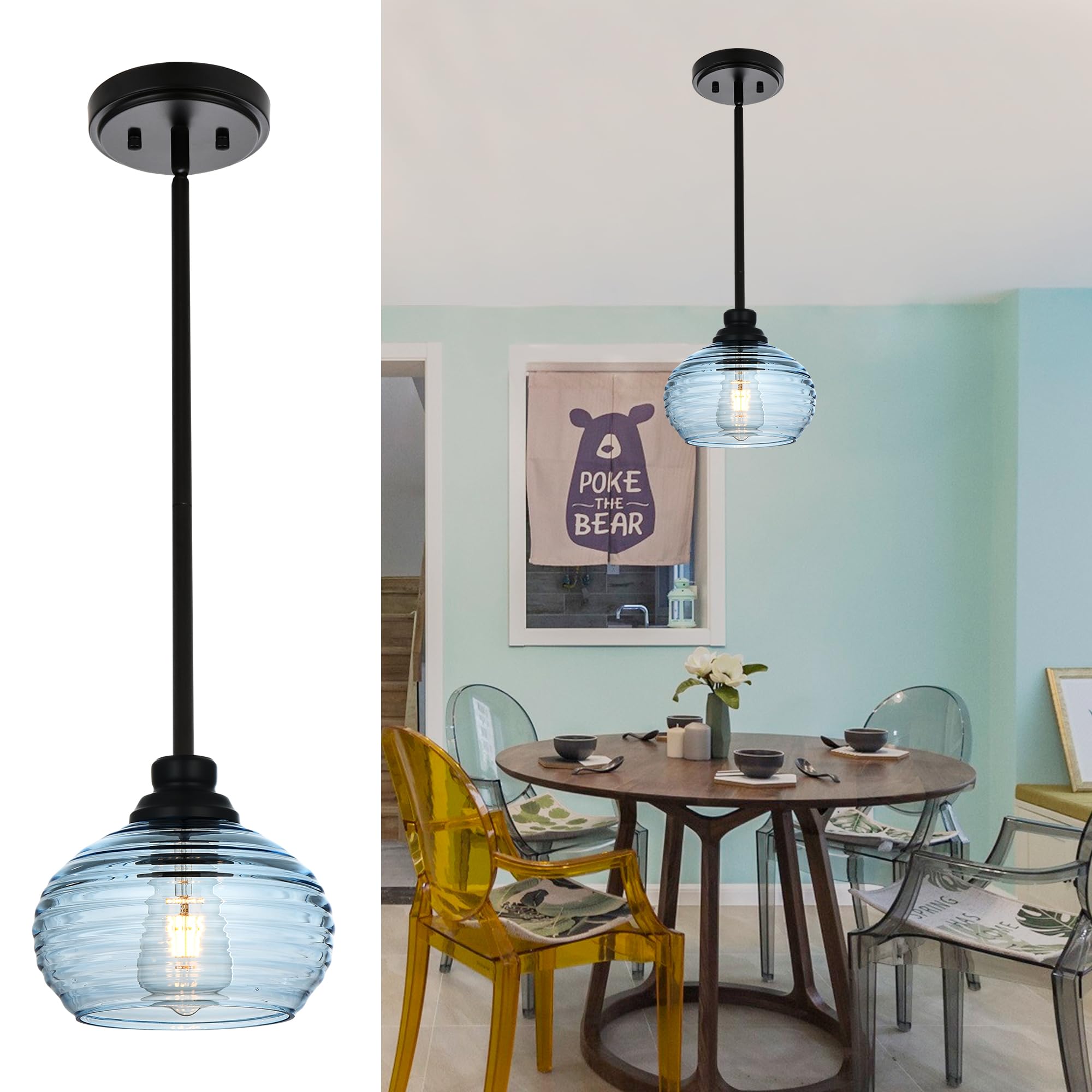 30.3 Inches Kitchen Island Lighting with Clear Water Ripple Glass Shade, 3-Light Mid Century Modern Chandelier Black Dining Room Light Fixtures Over Table, Adjustable Height