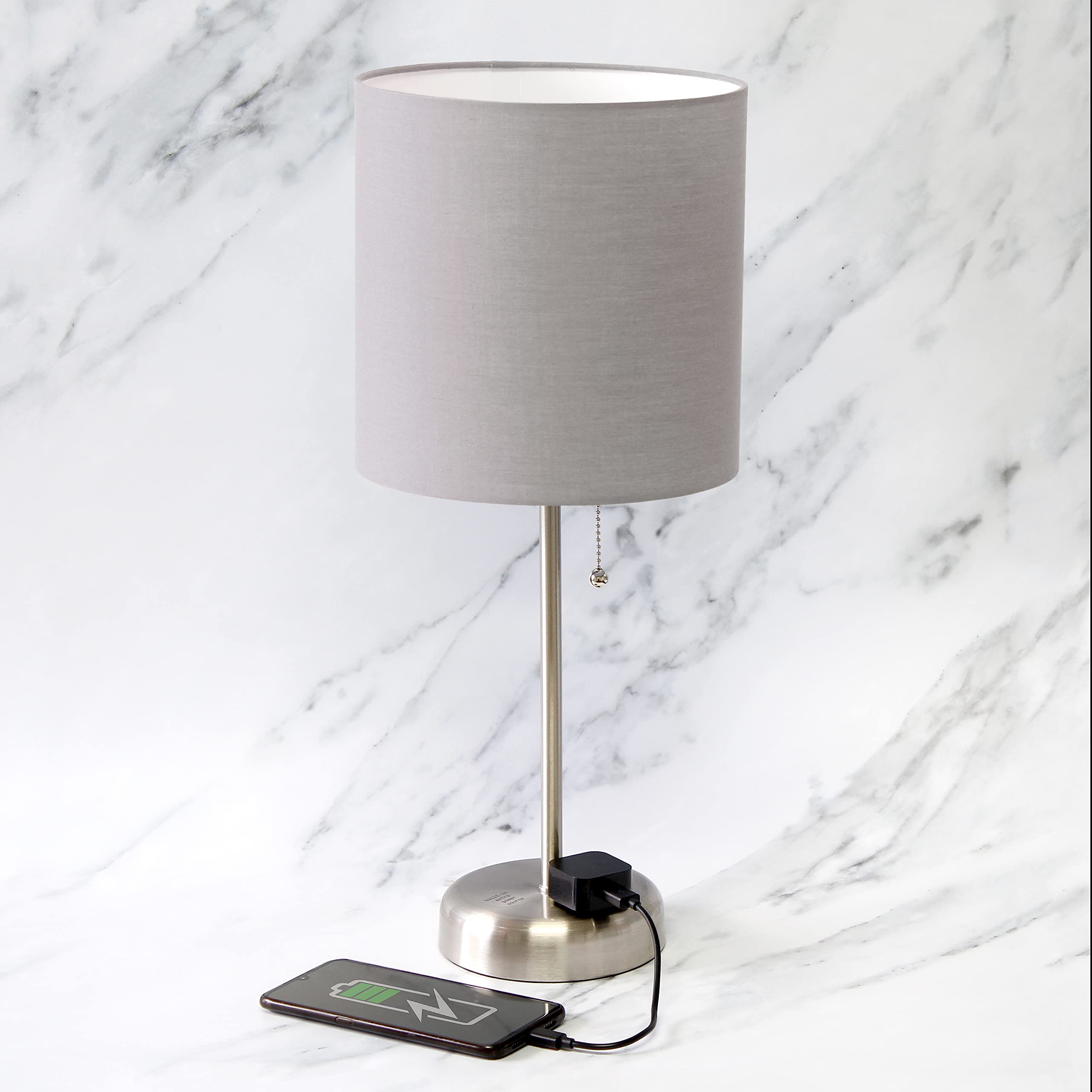 Brushed Steel Stick Table Desk Lamp with Charging Outlet and Drum Fabric Shade, Gray Shade