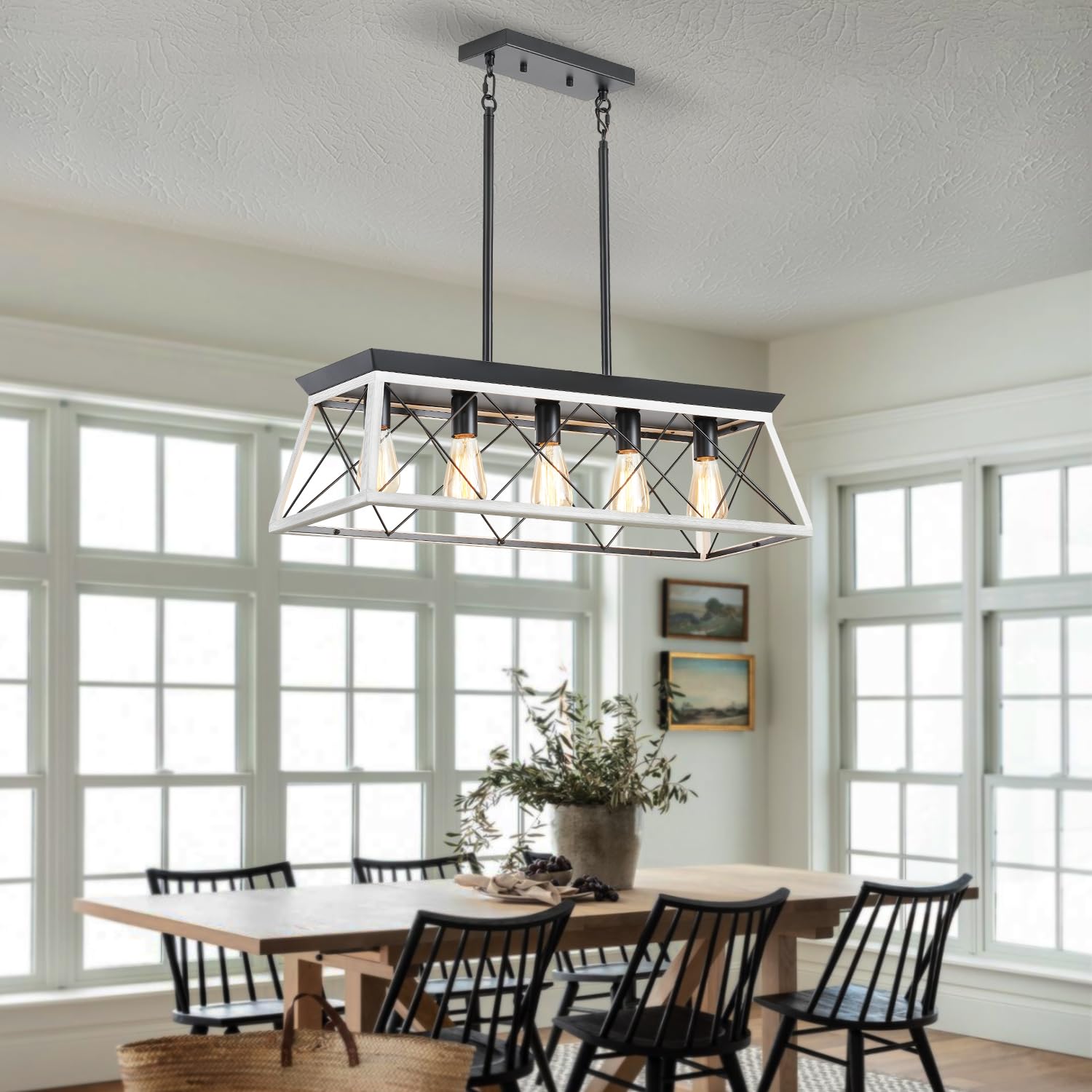 5-Light Farmhouse Pendant Light for Dining Room, Rustic Kitchen Island Lighting, Adjustable Height Chandeliers for Kitchen, Dining Room Table Black