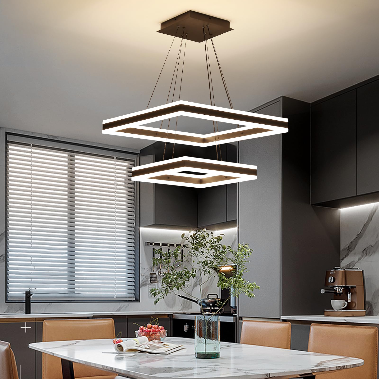 Modern LED Chandelier, Double Rectangles Ceiling Pendant Lights, LED Island Lights Dimmable Chandeliers for Dining Room Living Room Bedrooms, Black (40CM/60CM)