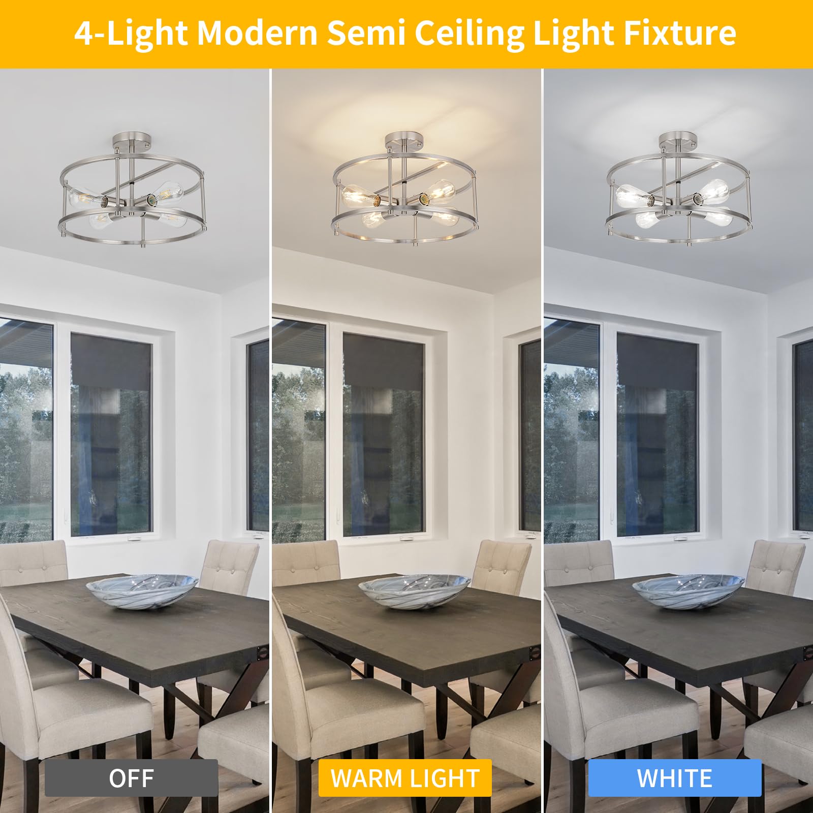 Semi Flush Mount Ceiling Light Brushed Nickel Ceiling Light Fixtures 3-Light Modern Kitchen Light Fixtures Metal Cage Ceiling Lights for Bedroom Dining Room Living Room Hallway Foyer