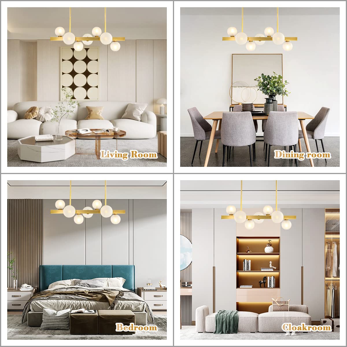 BOKT Modern Gold Chandelier 7-Lights Frosted Glass Globe Pendant Light Kitchen Island Linear Hanging Lighting Fixtures for Living Room Bedroom Dining Room Corridor