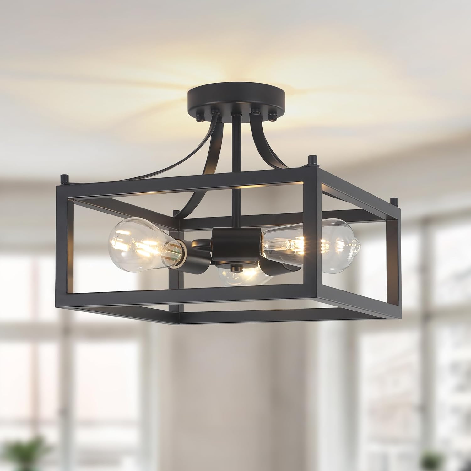 3-Lights Modern Black Industrial Ceiling Light, E26 Base, Semi-Flush Mount Metal Lighting Fixtures for Kitchen Dining Room Hallway