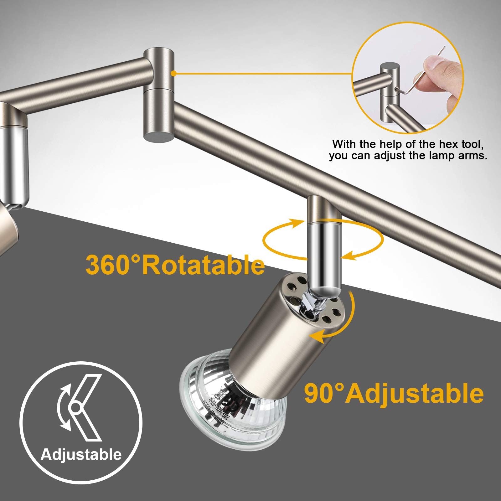 4-Light LED Track Lighting Kit, Flexibly Rotatable Light Heads, 4 Way Ceiling Spotlight Matt Nickel Finish, Including 4 GU10 LED Bulbs (4W 400LM Daylight White 5000K)