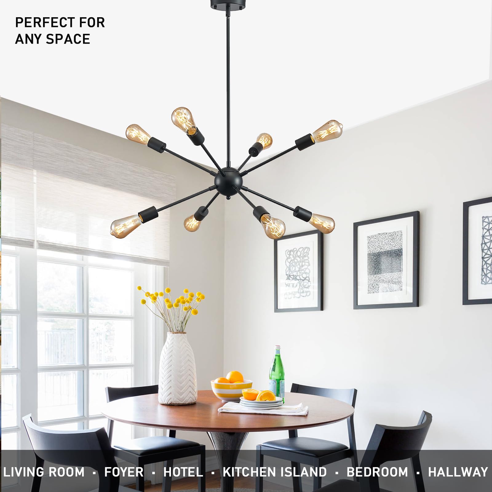 Sputnik Chandelier,Mid-Century Modern Ceiling Light Fixture,Farmhouse 8-Light Black Chandelier, Pendant Hanging Lights Chandeliers for Dining Room,Kitchen, Bedroom,Living Room, Hallway