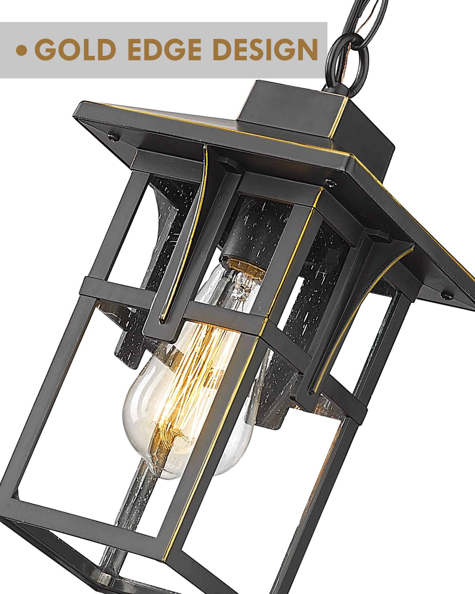 Outdoor Pendant Lights for Porch, HWH Exterior Hanging Porch Light, Farmhouse Outdoor Pendant Lighting with Height Adjustable Chain, Seeded Glass Shade, Matte Black Finish with Gold Edge, 5HX62H BG