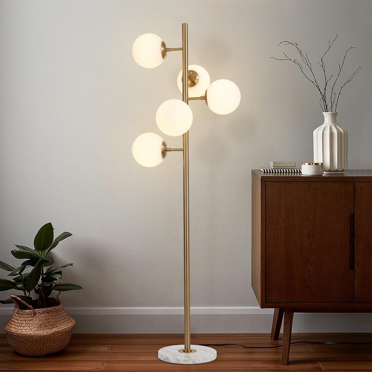 Lighting 5-Light Frosted White Glass Globe Floor Lamp Mid Century Modern Gold Tall Pole Standing Light LED Standing Lamps with Foot Switch for Home Office (Gold)