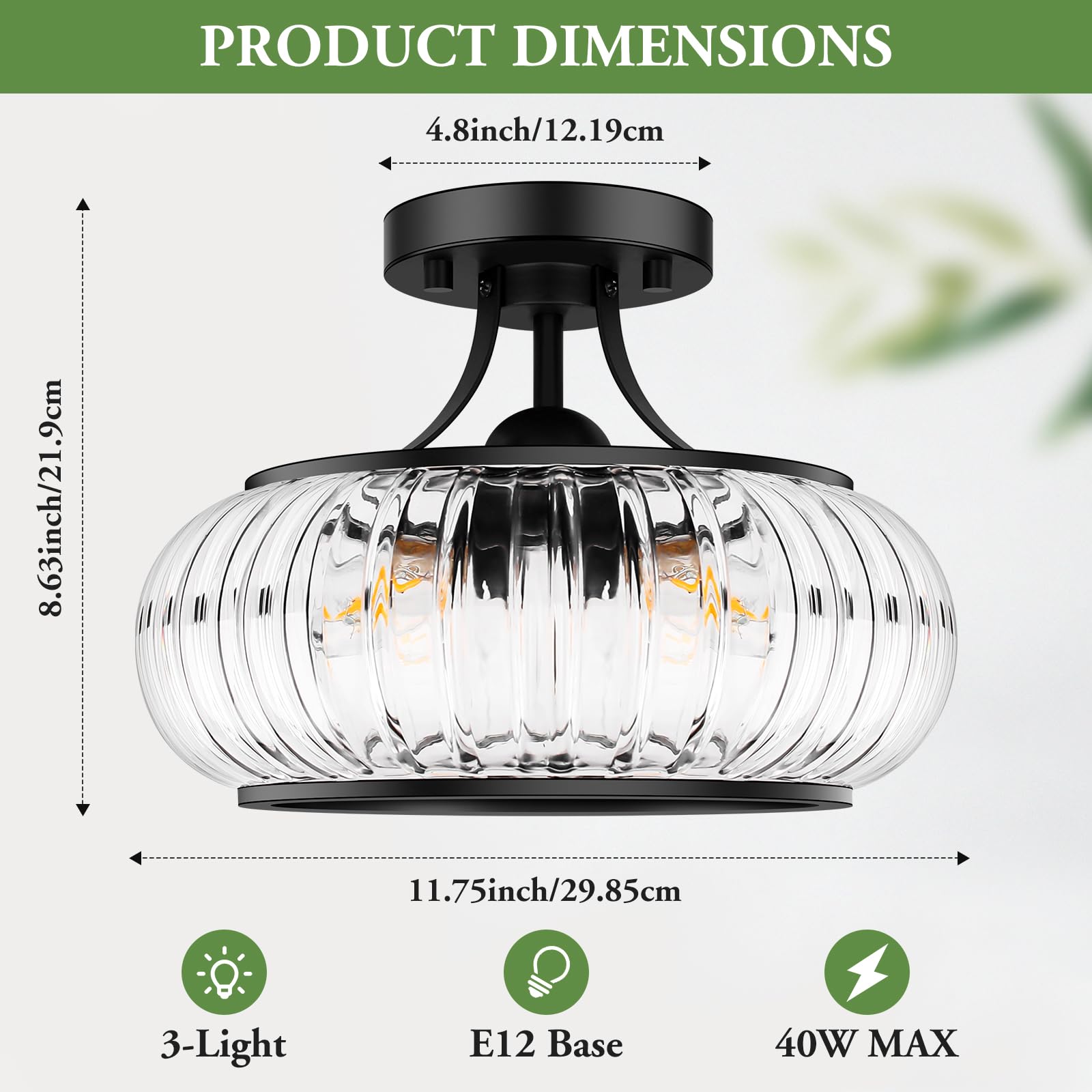 Modern 3-Light Semi Flush Mount Ceiling Light, Clear Glass Hallway Ceiling Light Fixture with Round Shade, Industrial Black Glass Close to Ceiling Lamp for Bathroom Kitchen Bedroom Porch