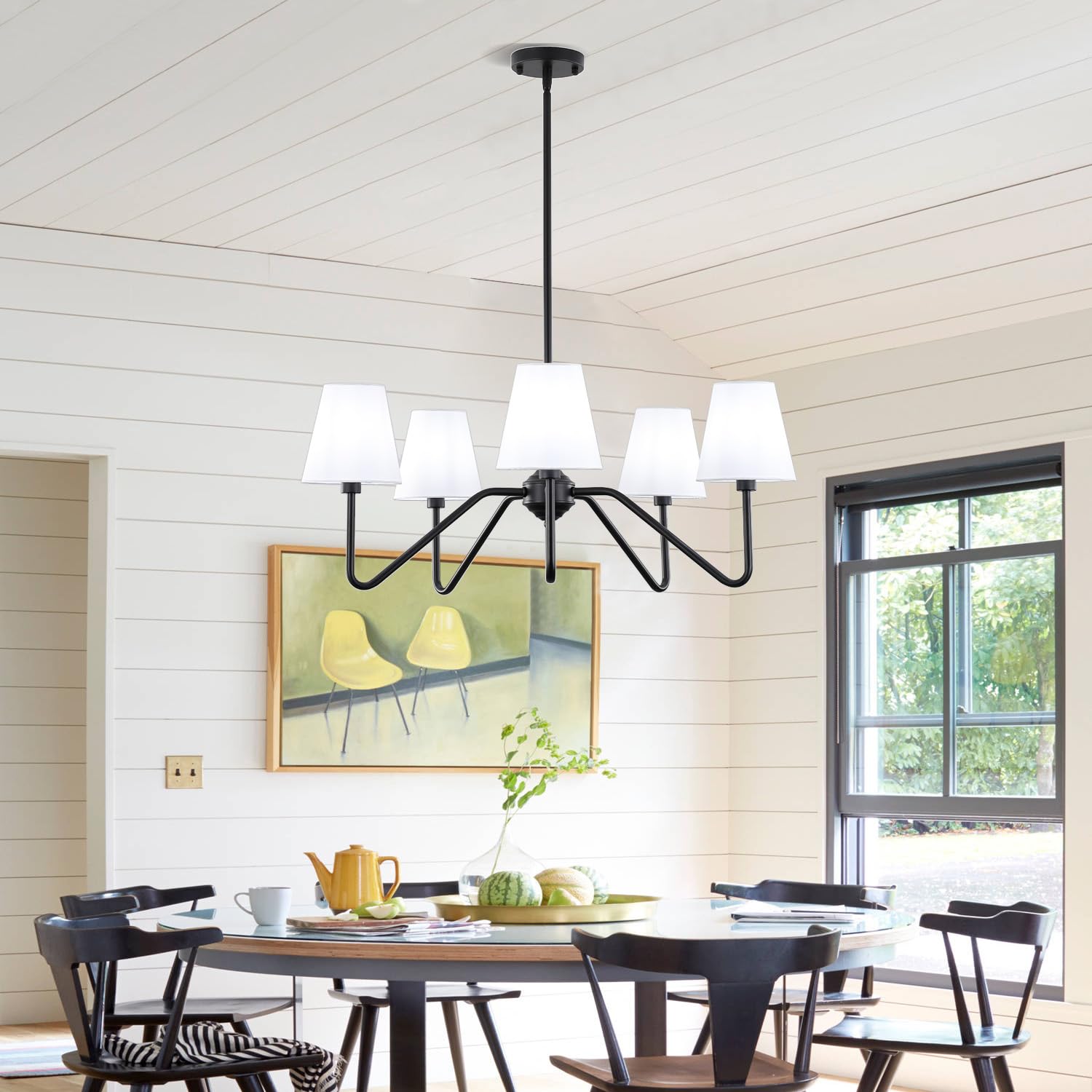 30.5" 5 Arms Gold Chandelier, 5 Lights Kitchen Island Lighting with White Fabric Shade,Dining Room Light Fixture for Hallway Entryway Foyer Living Room，E12.