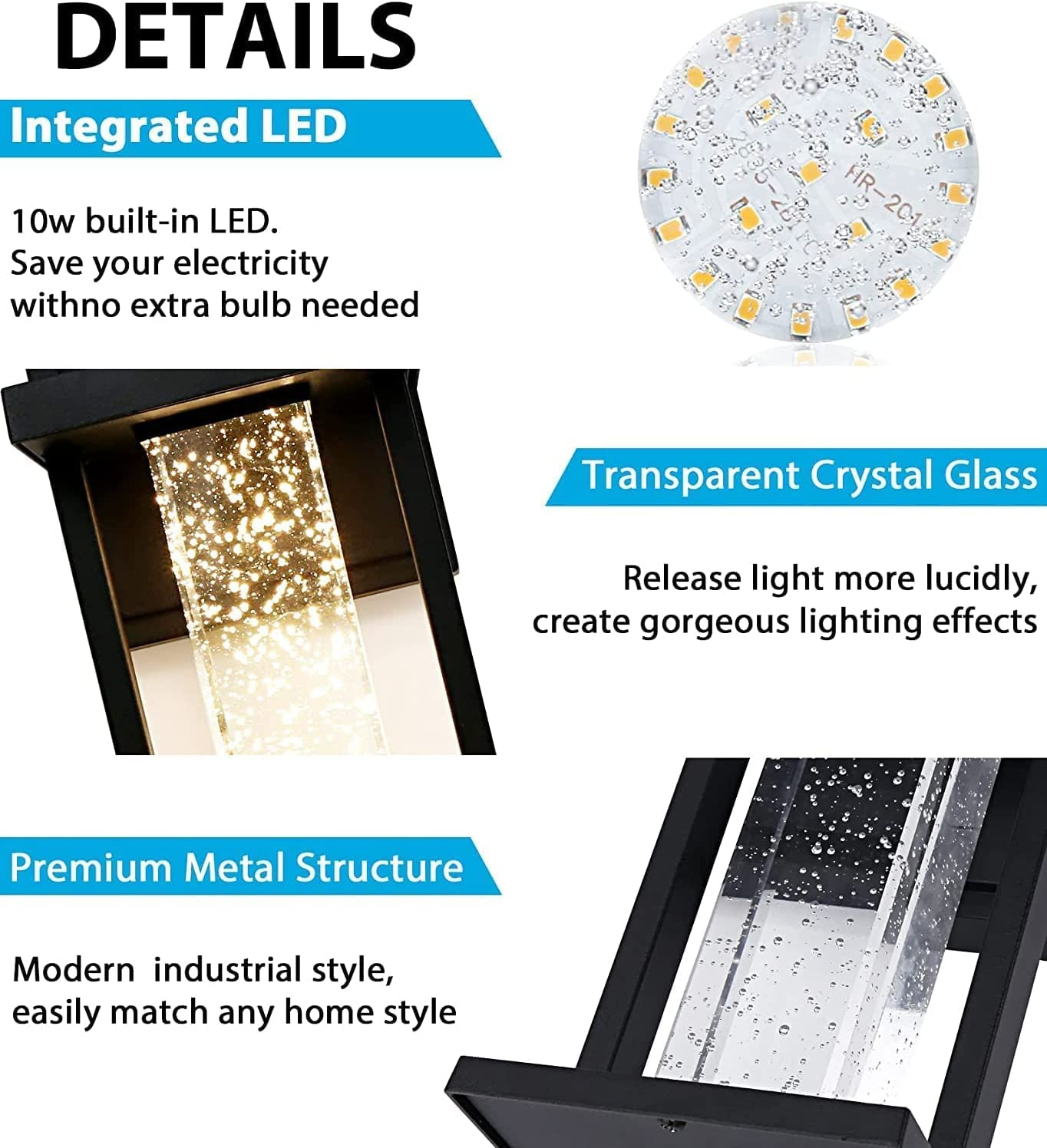 Modern Outdoor Wall Light Fixture,Dusk to Dawn Wall Mount for House with Bubble Crystal Glass,Black Front Porch Lights Waterproof 10W 480LM Integrated Sconce,3000K for House Patio