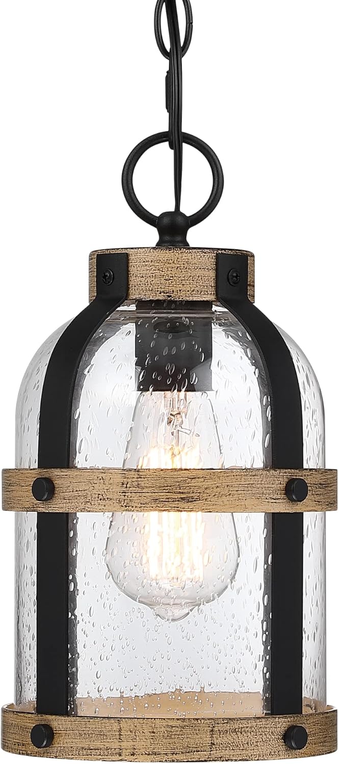 Outdoor Pendant Light for Porch,Waterproof Modern Exterior Hanging Lantern with Adjustable Chain, in Black and Wood Grain Finish with Air Bubble Glass for Front Door,Entryway,Farmhouse