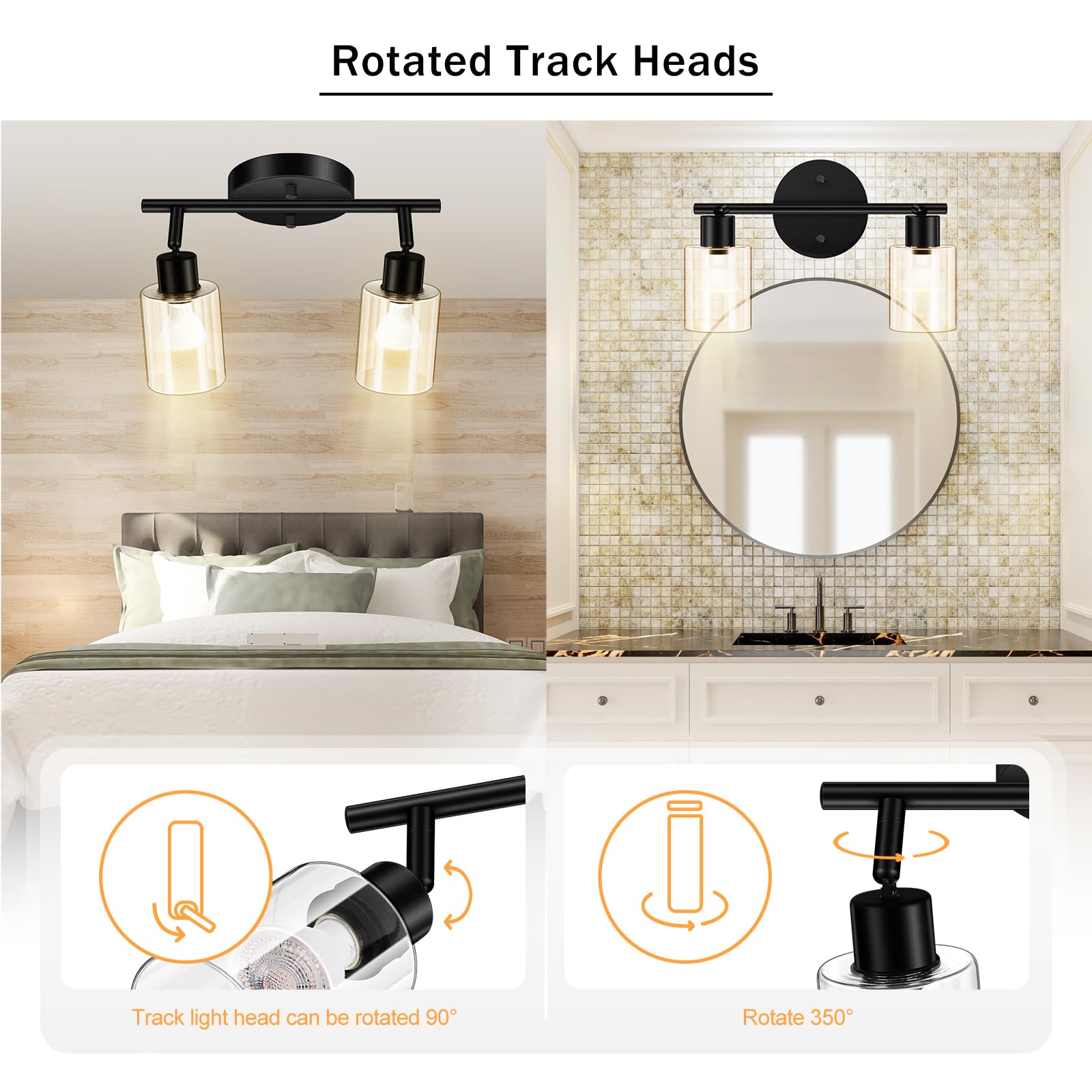 4 Light Led Track Light,Glass Lightshade Track Lighting Kits,4 Way Modern Ceiling Spot Lights for Kitchen,Dining Room,Bedroom,Hallway,Flexibly Rotatable Light Head,Black,Not GU10 Bulb