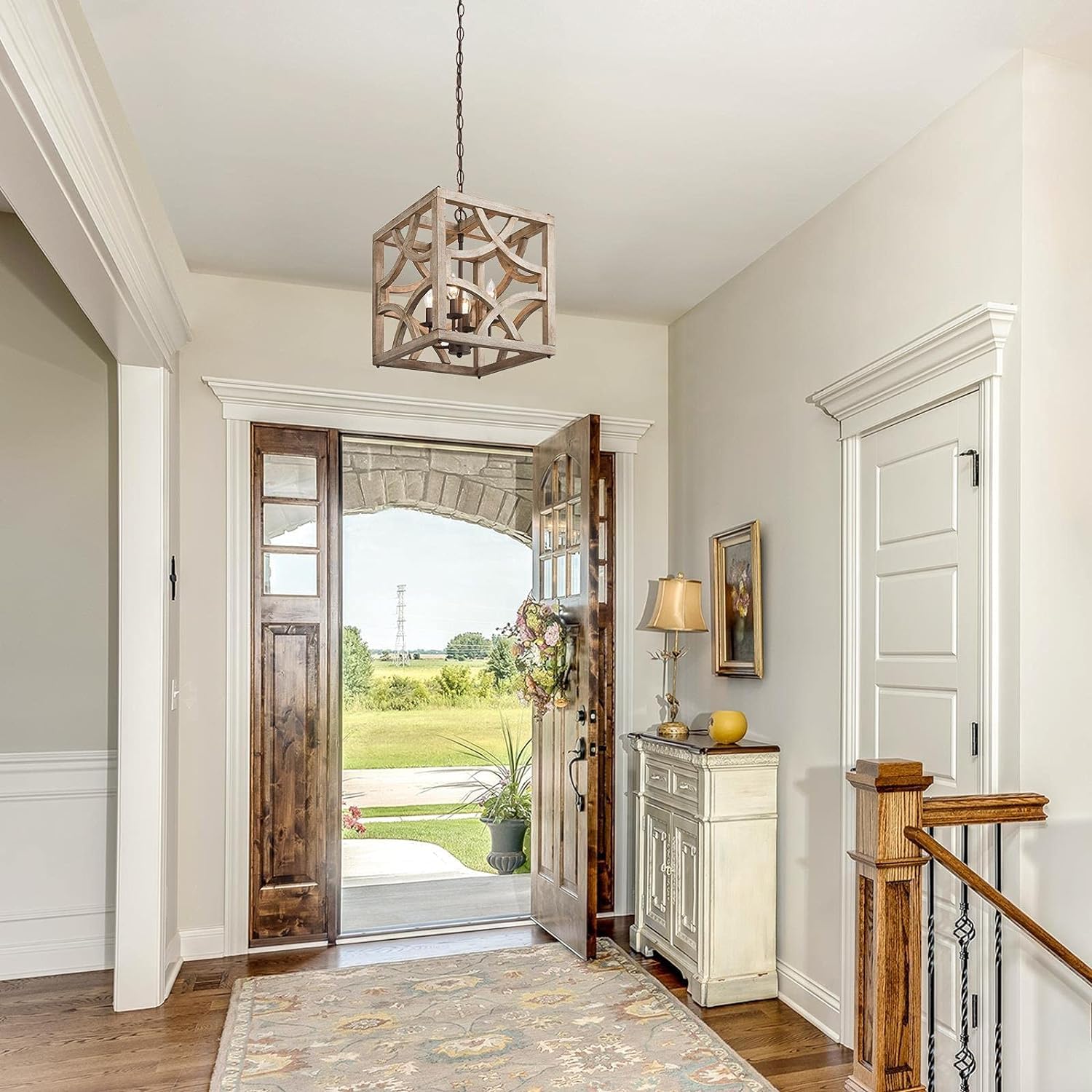 Farmhouse Chandelier, 4-Light Rustic Wood Cage Dining Room Chandelier Over Table, Wooden Square Chandeliers Hanging Light Fixture for Bedrooms, Kitchen Island, Entryway, Foyer