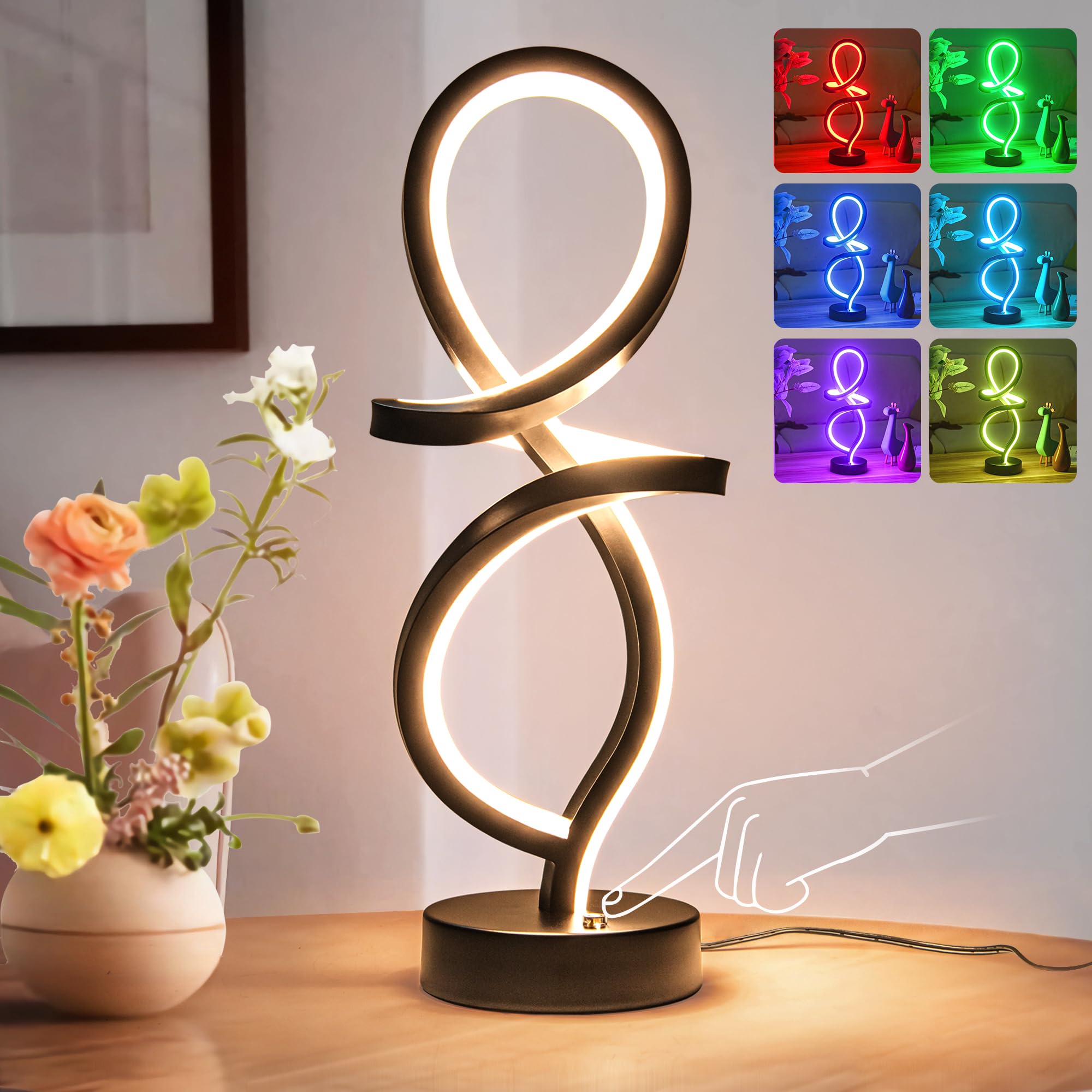 Modern Table Lamp, LED Spiral Lamp, Black Bedside Lamp with Stepless Dimming Switch, Contemporary Nightstand Lamp, LED Lamp for Bedroom Living Room Home Office, 12W, 3200K Warm White