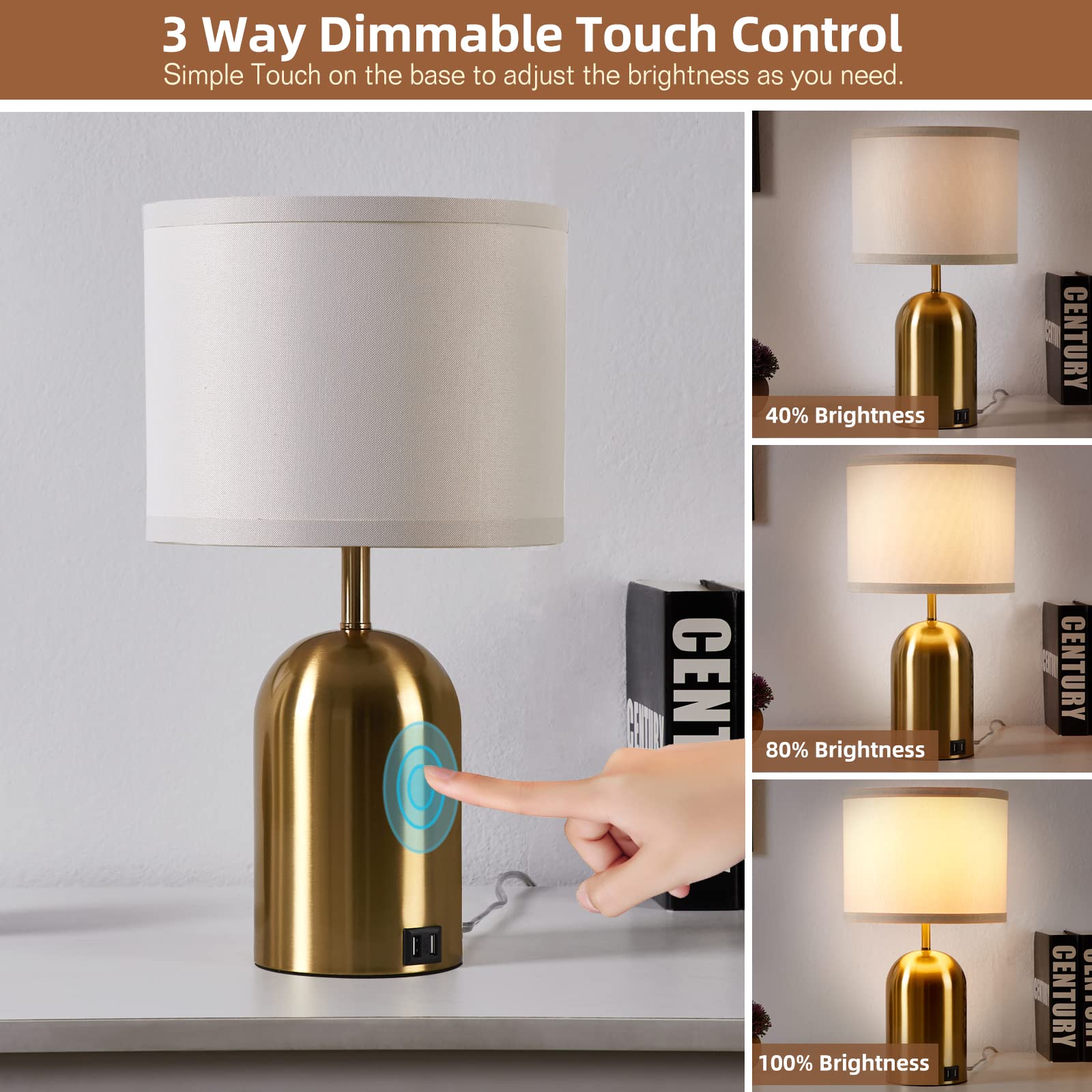 Touch Control Table Lamps Set of 2, Bedside Table Lamps for Bedrooms Set of 2 Modern Living Room 3 Way Dimmable Gold Bedside Lamp for End Table with 2 USB Charging Ports, 2 Bulbs Included