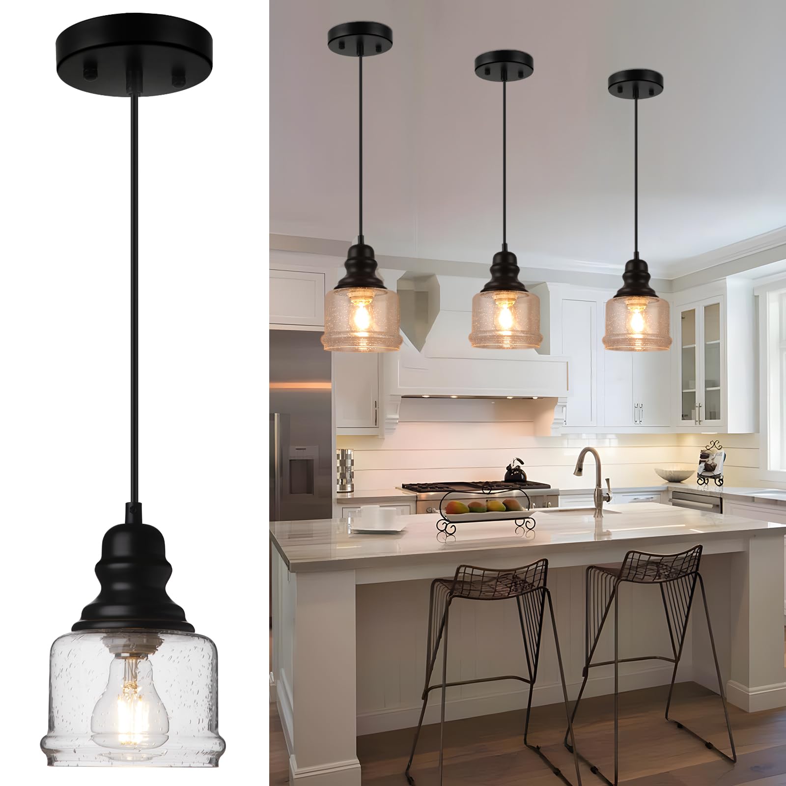 WILON Industrial Pendant Lighting, Pendant Lights for Kitchen Island 3 Light Glass Pendant Light Fixture with Seeded Glass Shade, Adjustable Cord Farmhouse Ceiling Light Black finish Linear Chandelier