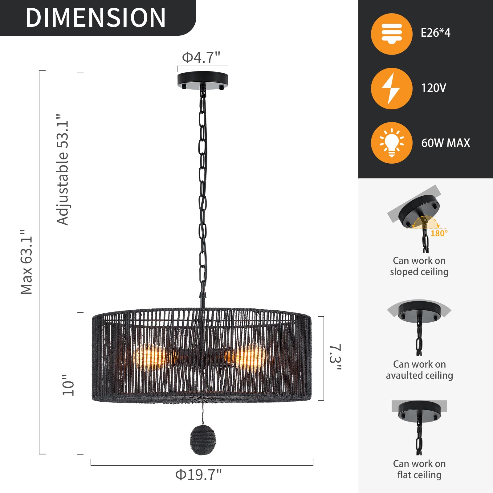 Hand-Woven Rattan Chandelier Vintage Farmhouse Boho Bamboo Chandelier Light Fixture Rustic Retro 5-Lights Drum Wicker Rattan Black Chandelier for Dining Room, Kitchen, Living Room, E12