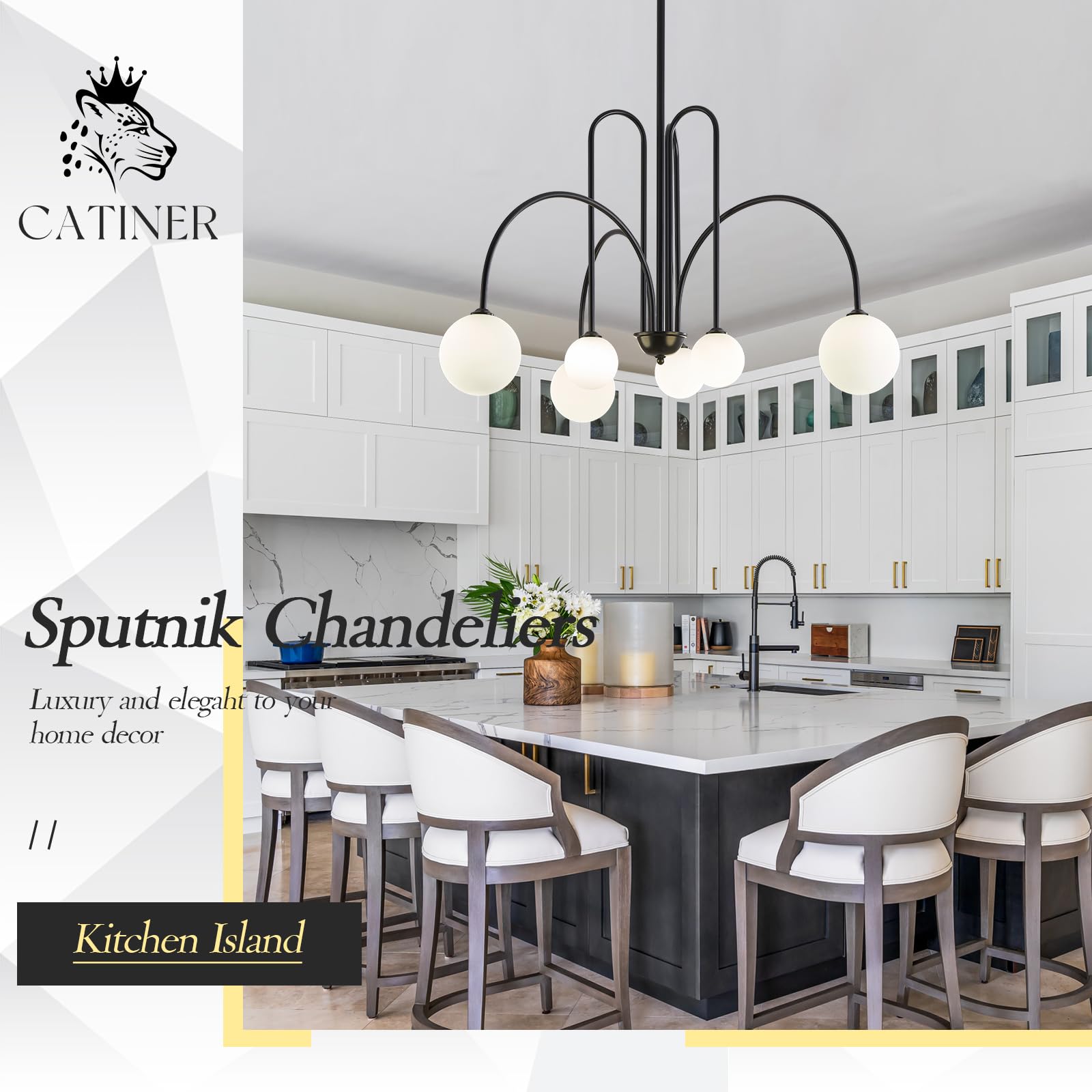 Gold Sputnik Chandeliers for Dining Room,Mid Century Crystal Glass Chandeliers 6 Lights Modern Ceiling Pendant Light Fixtures Iceberg Shape for Living Room Kitchen Island Bedroom