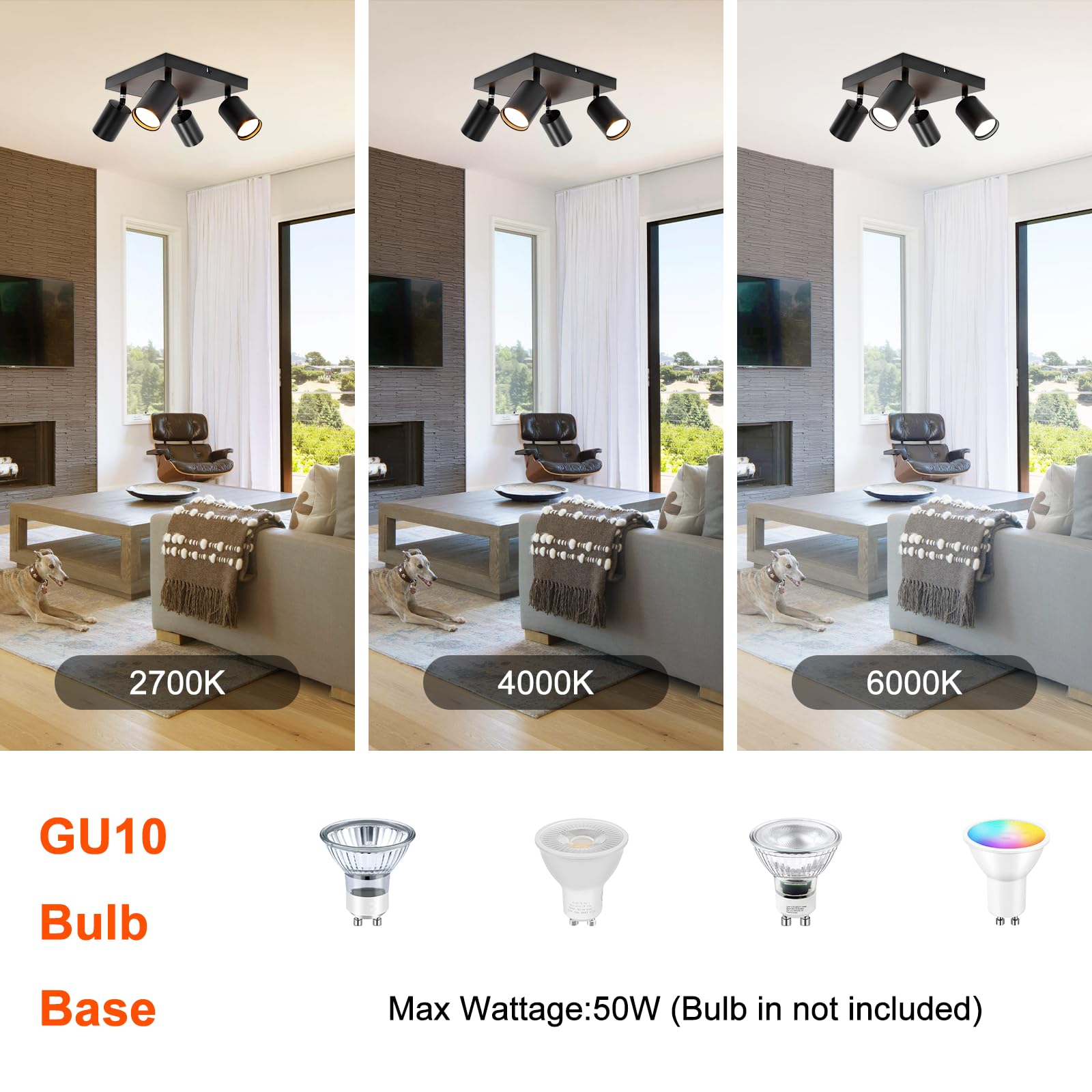 3-Light Ceiling Spotlight Fixture, Adjustable Round Spot Lights GU10 Flush Mount Track Fixture Wall Lamp Directional for Kitchen, Bedroom, Office, Picture Wall, Hallway, Bar