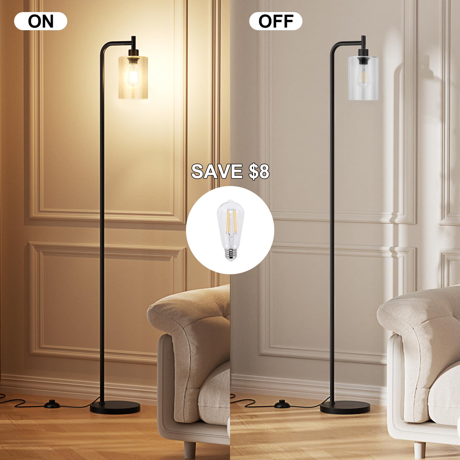 Industrial Floor Lamp with Glass Shade - Black, LED Bulbs, Foot Pedal Switch, Easy Assembly