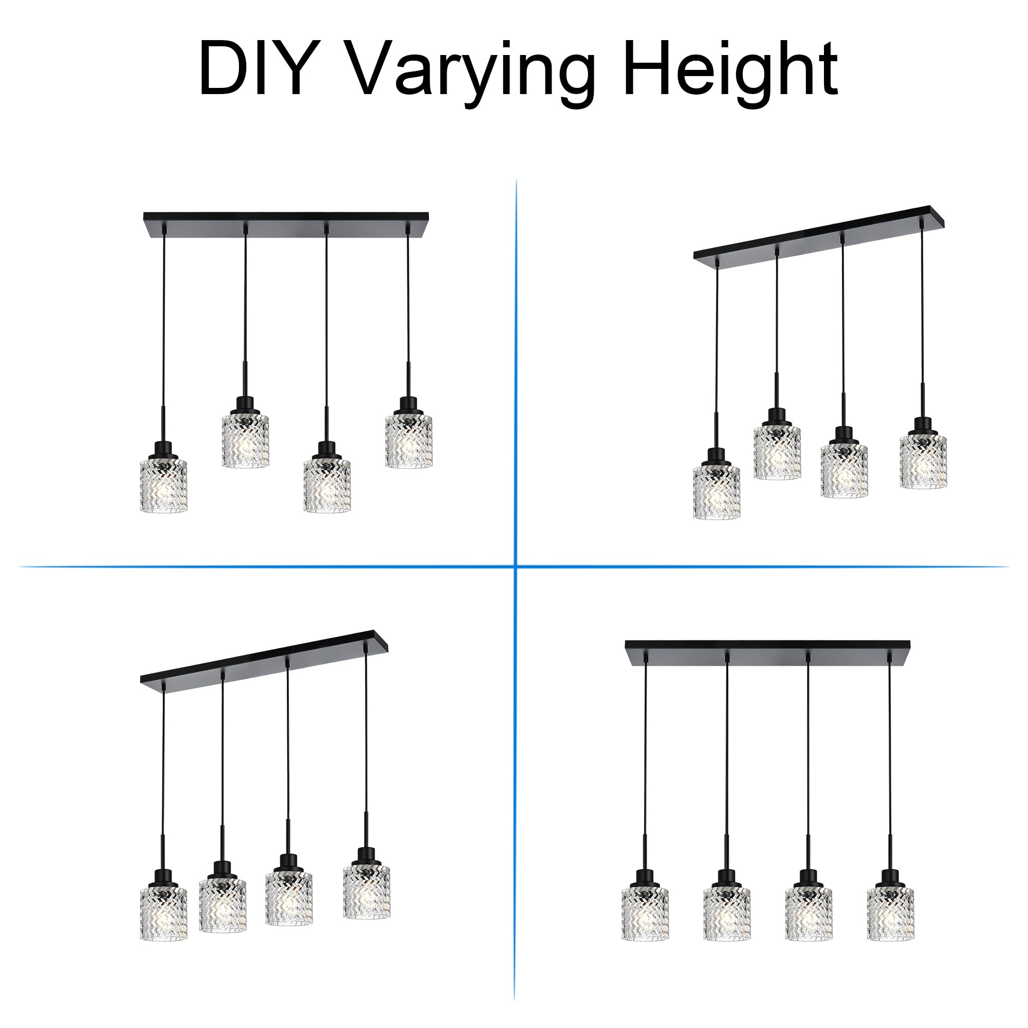 6 Lights Linear Chandeliers for Dining Room, Black Island Lighting Fixture Hanging Pendant Lights with Hammered Glass Shade for Kitchen Island, Dining Hall, Bar