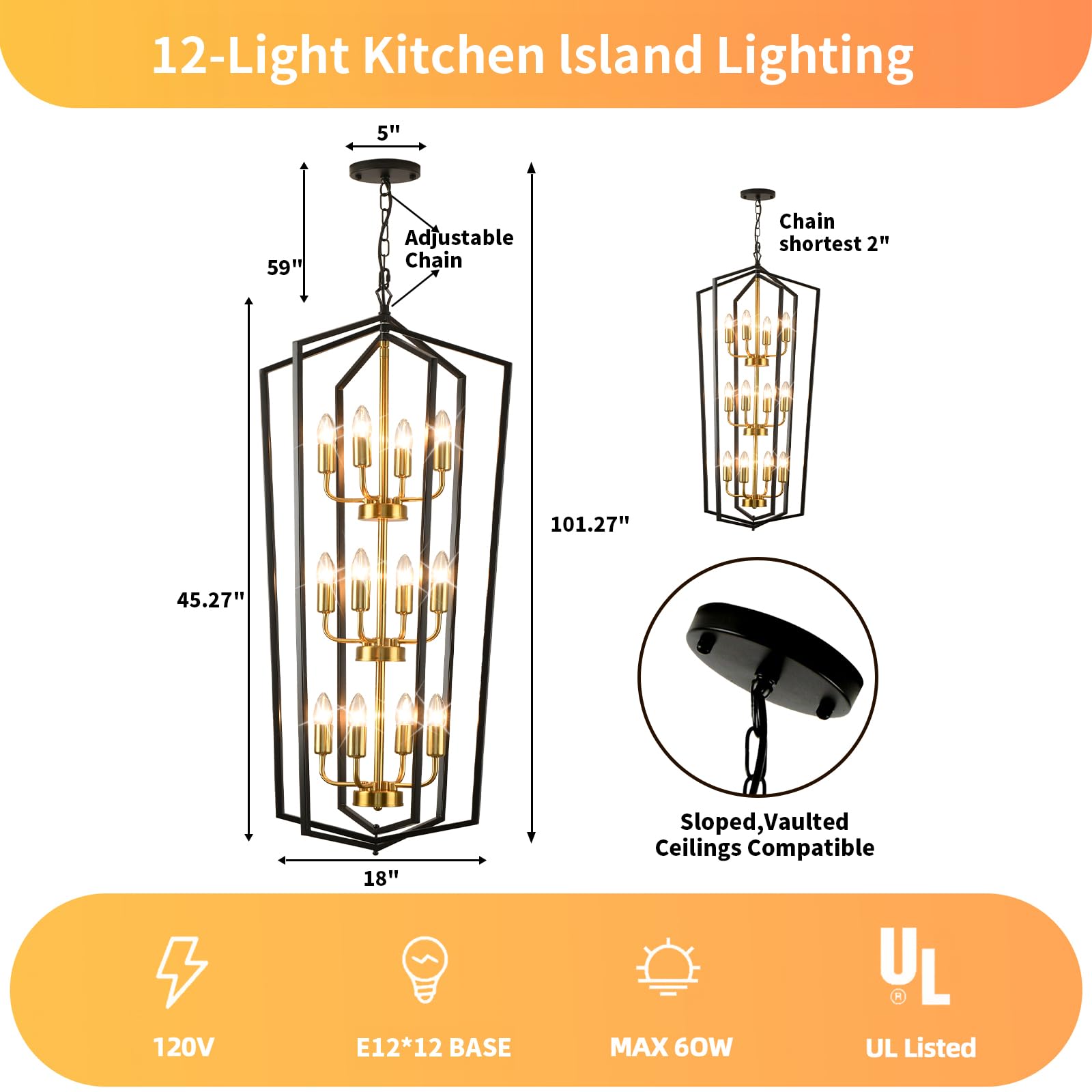 4-Light Lantern Pendant Light, 18.1" Gold Kitchen Pendant Light, Modern Geometric Chandelier, Adjustable Chain Cage Hanging Pendant Light Fixture for Bedroom, Kitchen Island, Foyer, Entrance