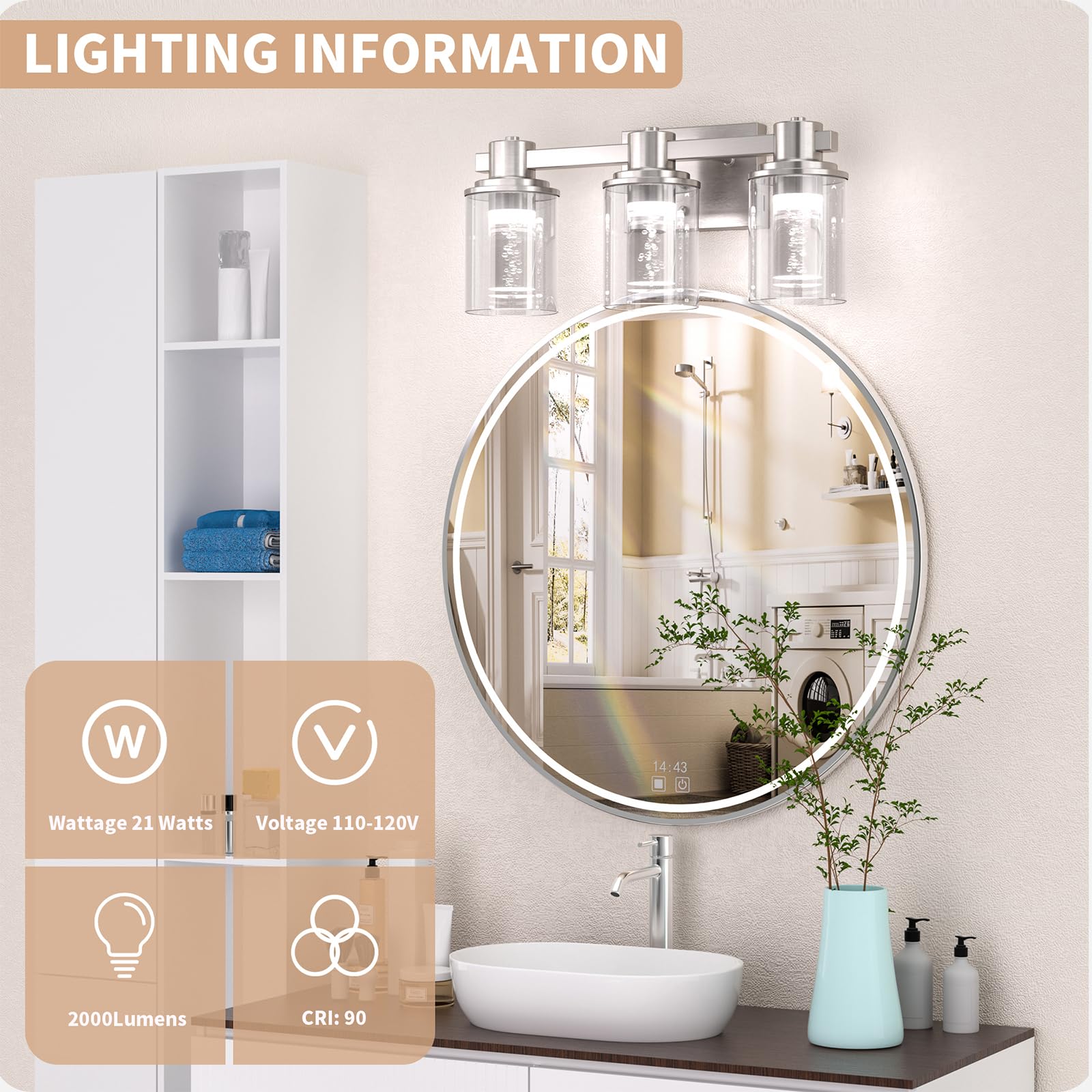 Bathroom Vanity Light Fixtures, 3-Light LED Lighting Fixtures Over Mirror, 5 CCT Modern Chrome Vanity Light for Bathroom with Crystal Bulb Clear Glass Shade Dimmable Bathroom Wall Lamp