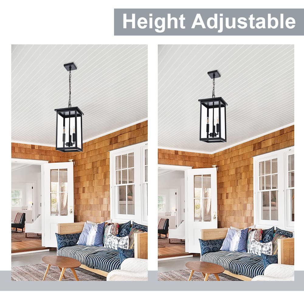 3-Lights Large Outdoor Pendant Lighting Clear Glass, Ceiling Porch Light Fxitures Adjustable Chain for Foyer Patio, Exterior Hanging Lantern Lamp, E12 Bulb Base, Black & Bruhed Brass